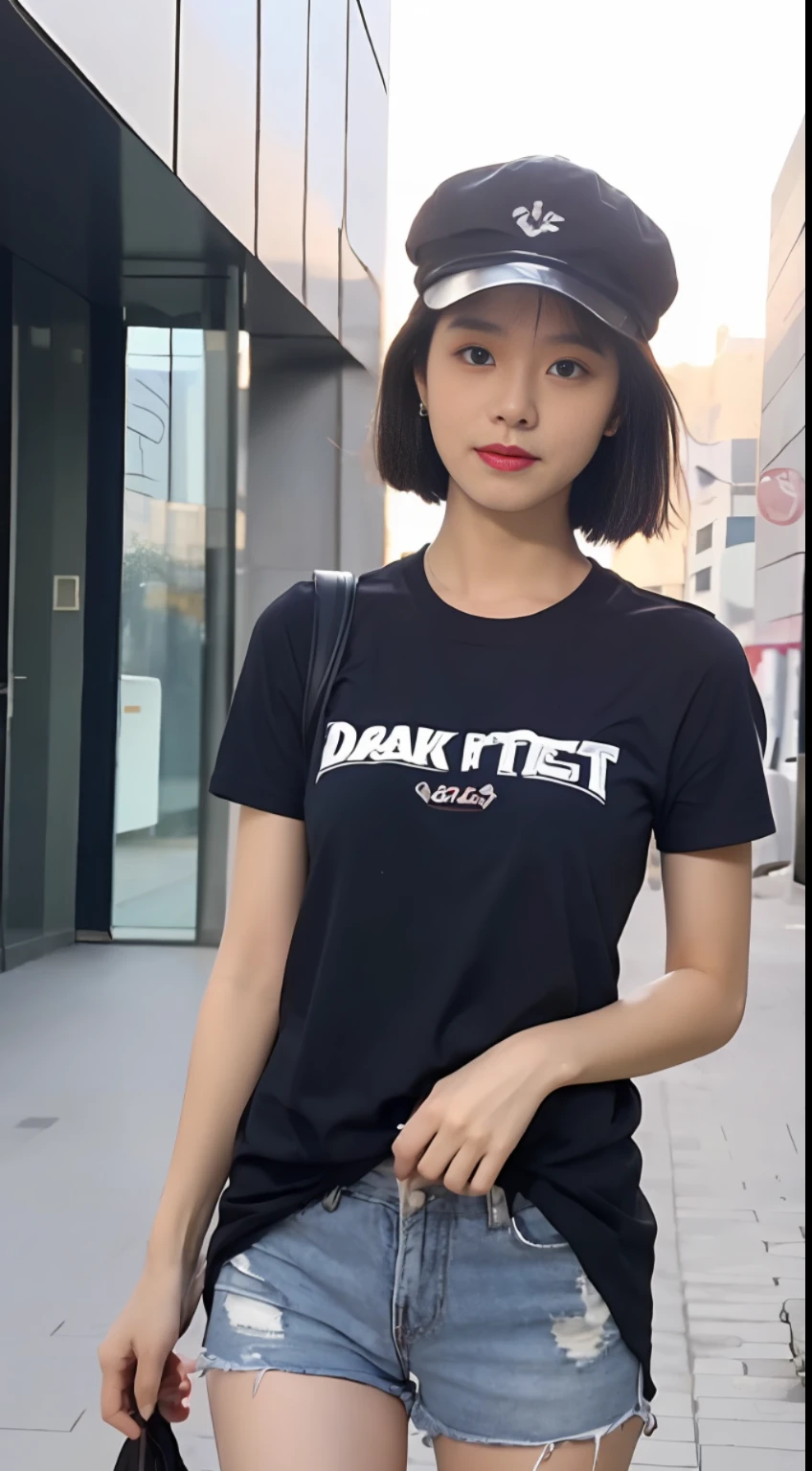 ((Best Quality, 8K, Masterpiece: 1.3)), (Navy Cap: 1.3), Focus: 1.2, Perfect Body Beauty: 1.4, Buttocks: 1.2, (Layered Haircut: 1.2)), (Dark Street: 1.3), Highly Detailed Face and Skin Texture, Fine Eyes, Double Eyelids, Beach Three-Point Top, Whitened Skin, Very Short Broken Shorts: , Dance, Long Hair, (Round Face: 1.5), (Short Sleeves, Very Short Broken Shorts: 1.6)