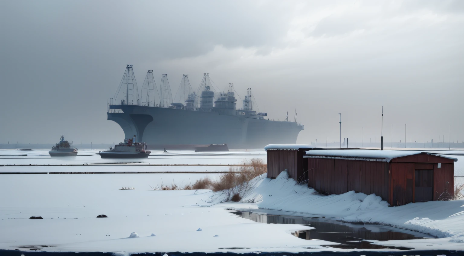 In the former Soviet Union, the cold area, rusty docks, white expanse.