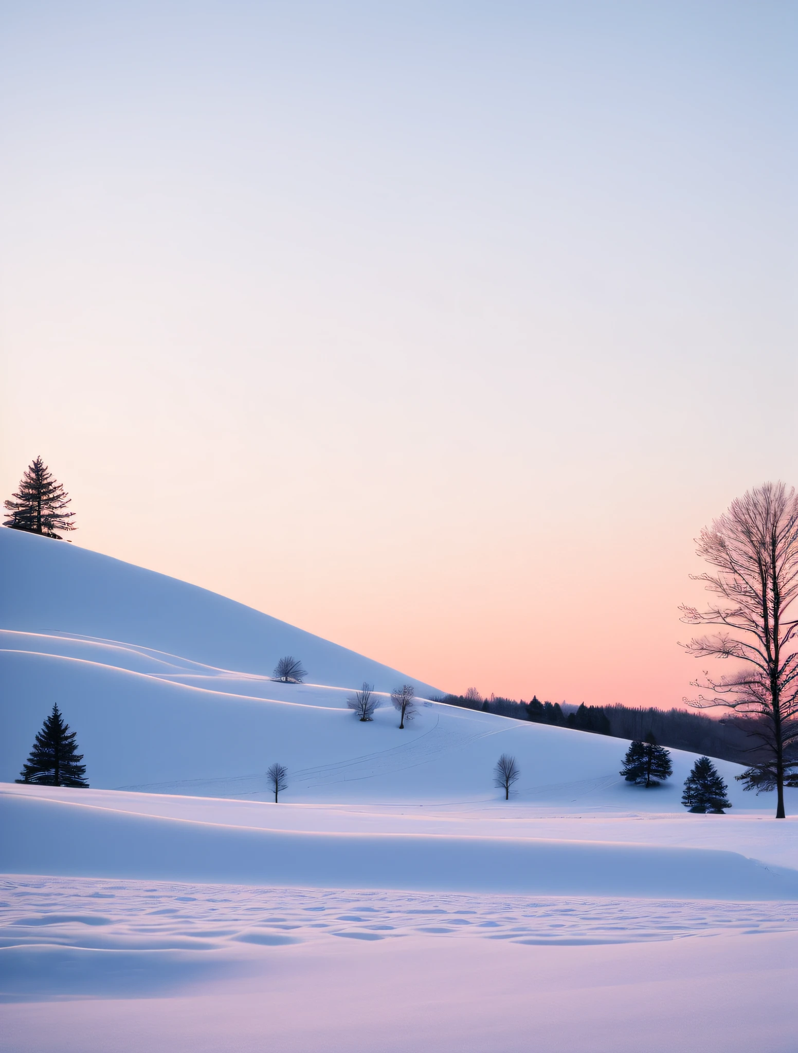 there are two trees on a hill covered in snow, snowy hill at sunrise, pink landscape, soft lilac skies, snow landscape, snowy landscape, in a serene landscape, pink hues, snow dunes, pink trees, minimalistic composition, heavy winter aesthetics, pastel sunset, minimalist composition, minimal composition, stark landscape, winter landscape, beautiful snowy landscape, soft light of winter --auto