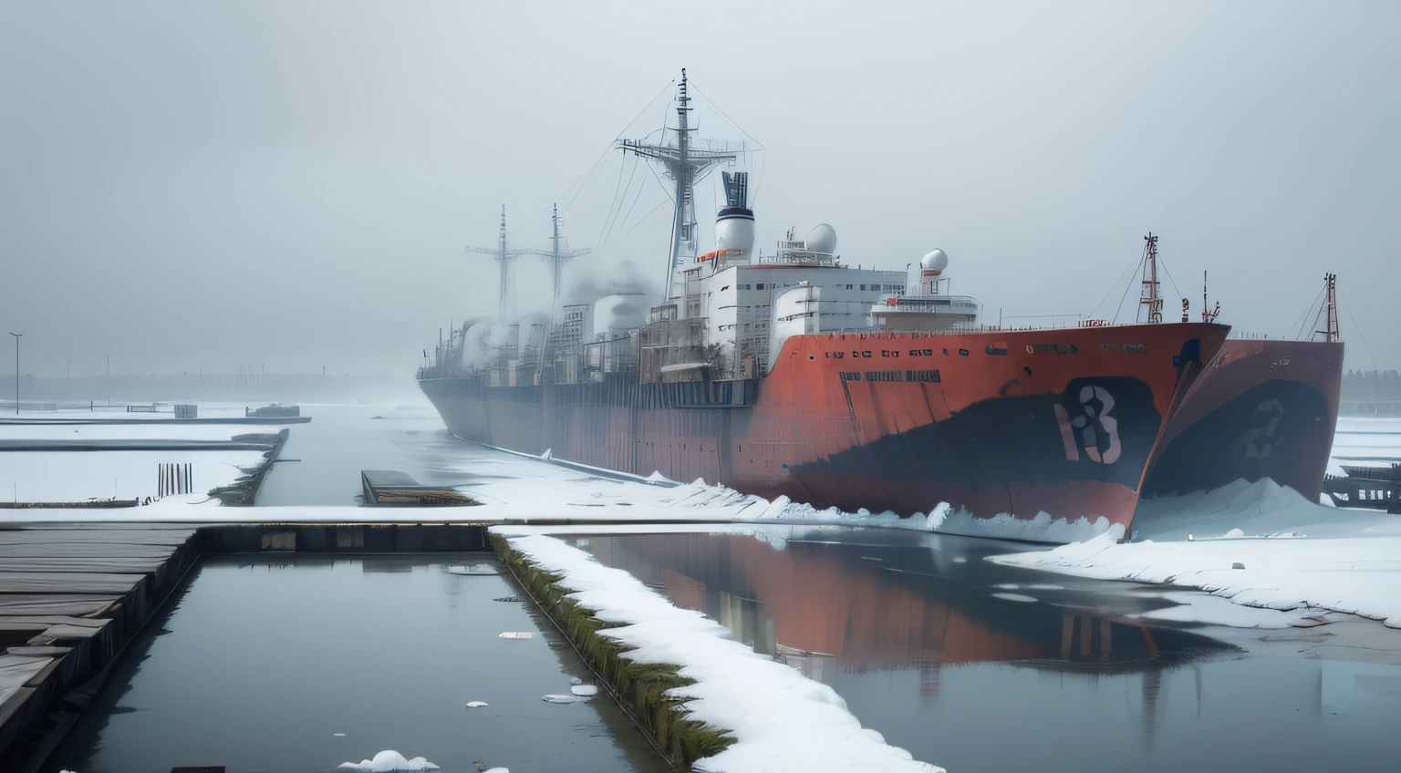 In the former Soviet Union, the cold area, rusty docks, white expanse.