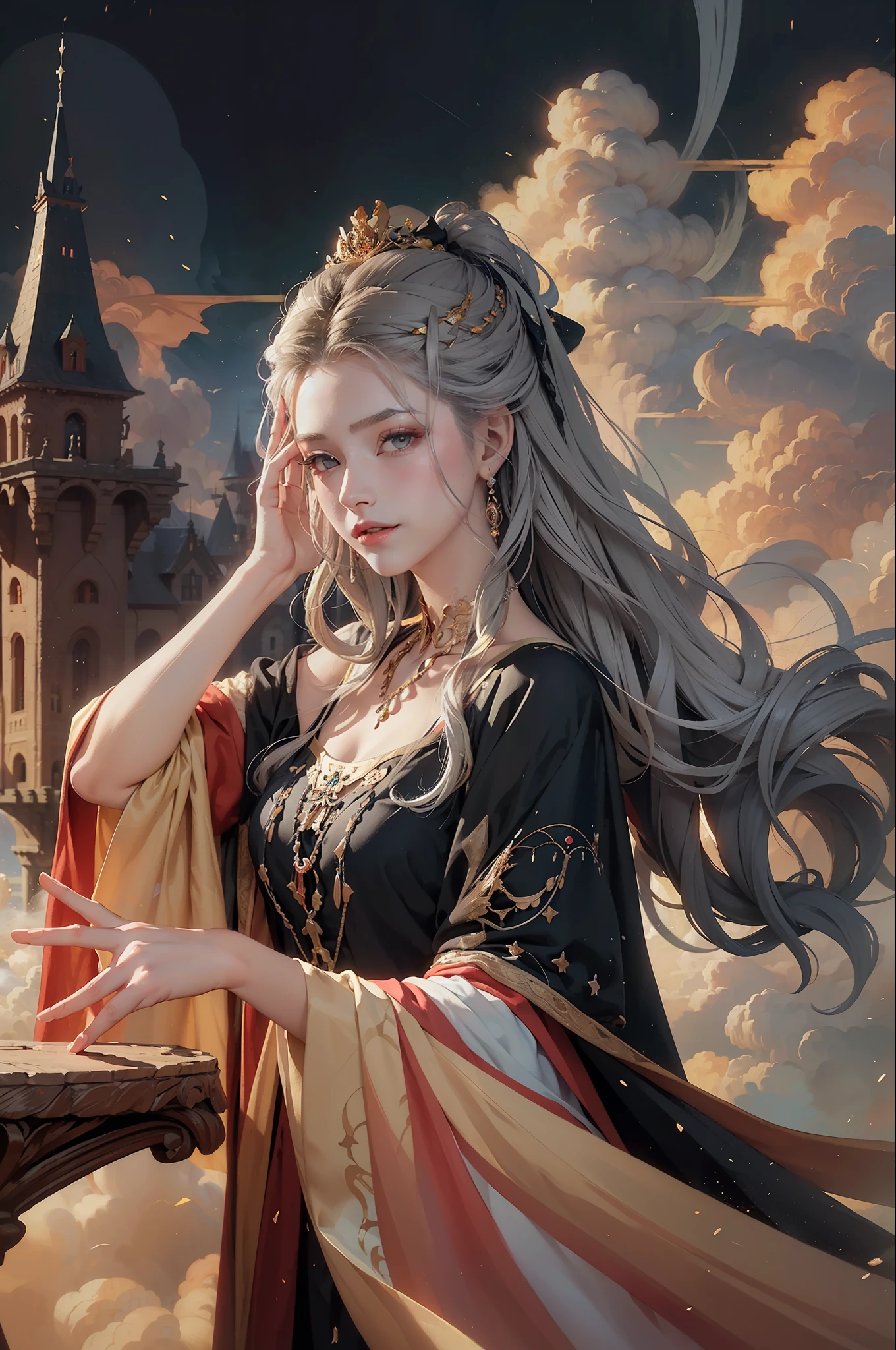 realistic, (masterpiece, top quality, best quality, official art, beautiful and aesthetic:1.2), very detailed, fractal art, colorful, most detailed, dynamic angle, (castle on the mountain on the clouds) 1girl, queen, silver hair, bright eyes, hair combed back, light smile, black robe, open cloth, From above