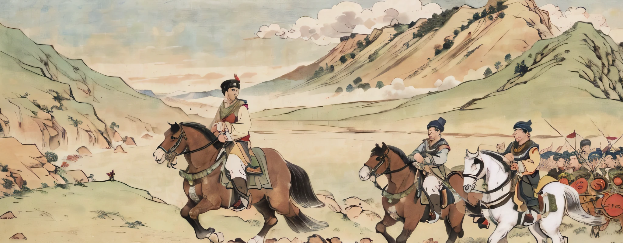 The artistic conception of ancient poetry, landscape background, grand scene, horseback riding, war, army, legion, confrontation