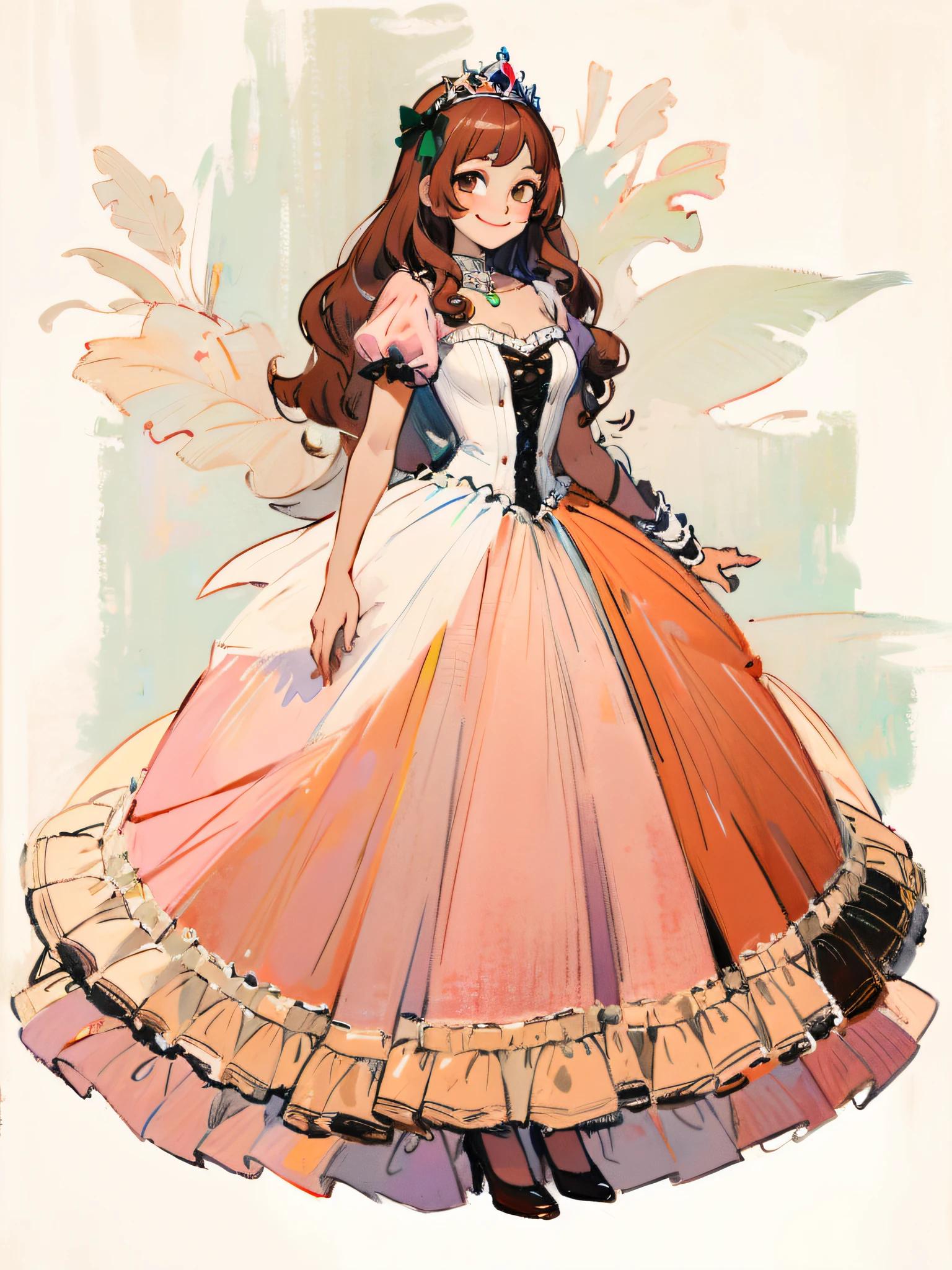 Fechin, oil painting, IMPRESSIONISM, simple background, a drawing of a princess crinoline dress, pastel pink dress, brown hair, fair skin, full body, long curly hair, smile, detail, masterpiece,