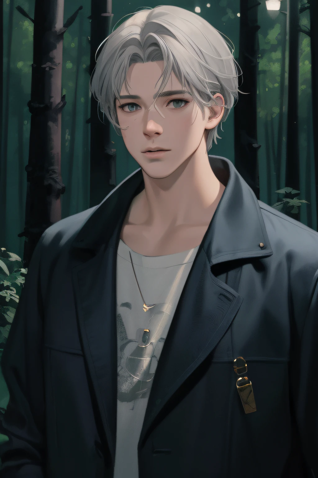 nsfw, masterpiece, best quality, super detailed, semi-realistic, detailed facial features, 1 boy, gray hair, midnight, night, in the forest, dark night road