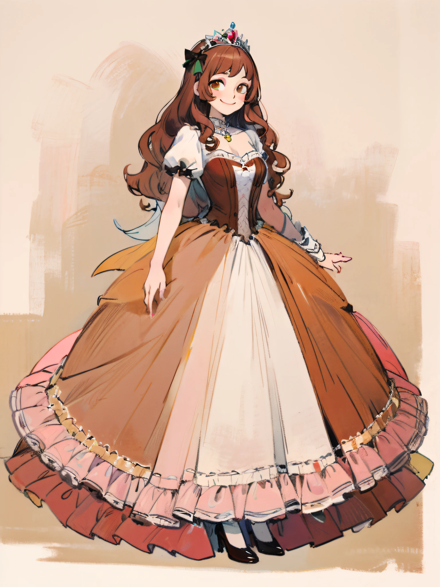 Fechin, oil painting, IMPRESSIONISM, simple background, a drawing of a princess crinoline dress, pastel pink dress, brown hair, fair skin, full body, long curly hair, smile, detail, masterpiece,