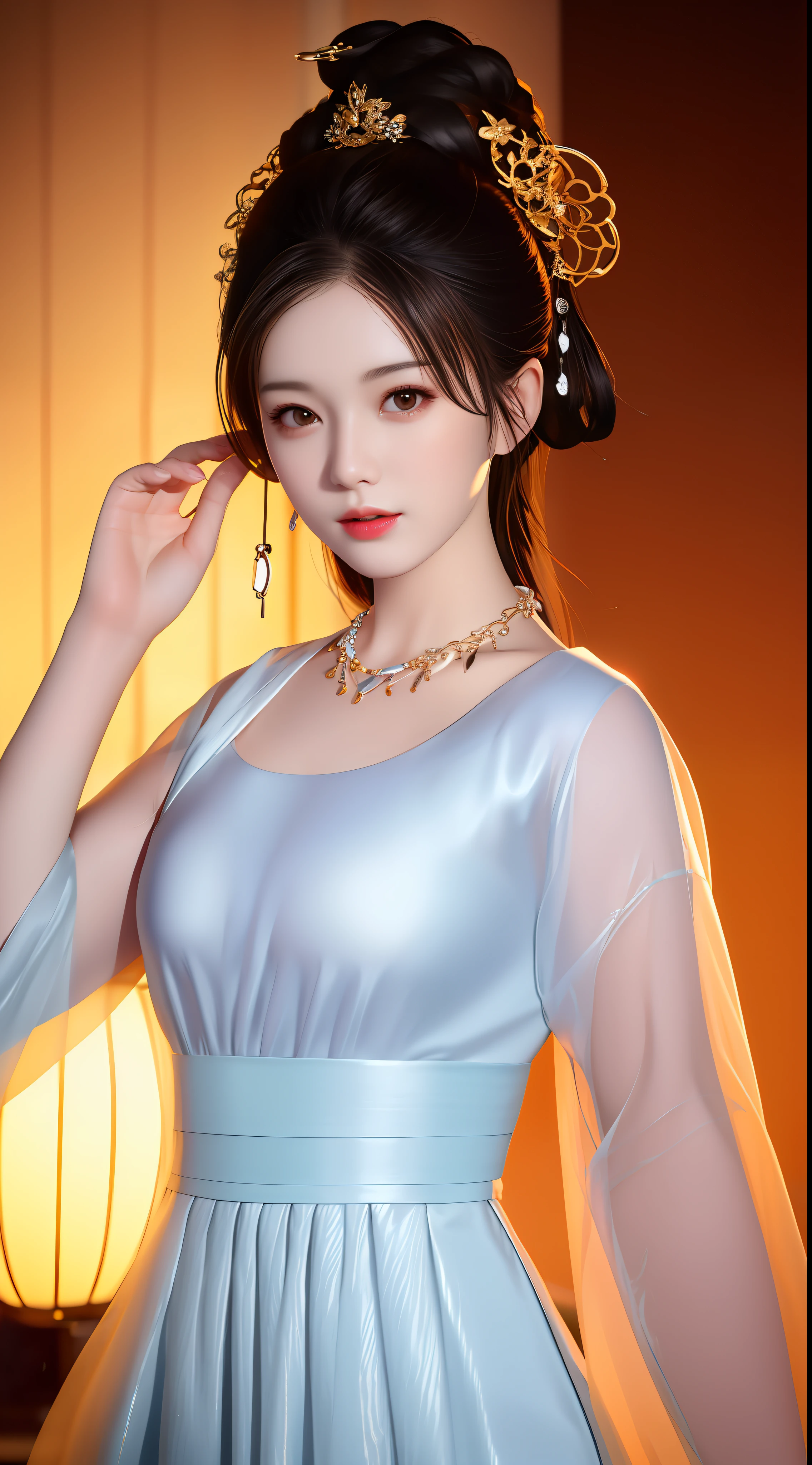 best quality, masterpiece, highres, 1girl, china dress, hair ornament, necklace, jewelry, Beautiful face, upon_body, tyndall effect, photorealistic, dark studio, rim lighting, two tone lighting, (high detailed skin:1.2), 8k uhd, dslr, soft lighting, high quality, volumetric lighting, candid, Photograph, high resolution, 4k, 8k, Bokeh, medium breasts,