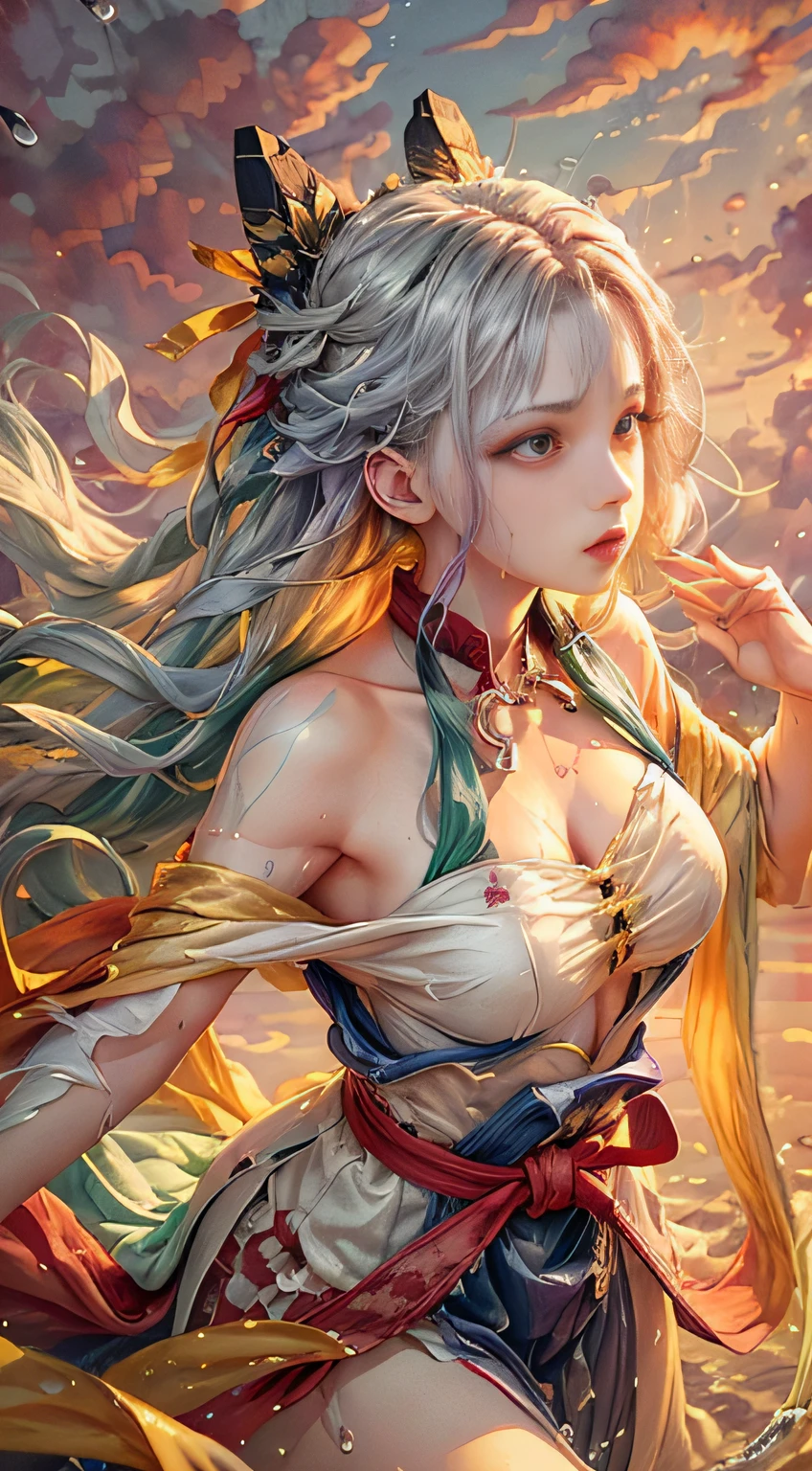 "((((Masterpiece)), Best Quality, Super Detailed CG Unity 8k wallpaper, Best Illustration, Extremely Delicate and Beautiful, Floating, High Resolution, Dynamic Angle, Dynamic Pose, (1 Girl), Blue Eyes, (Colorful Hair + Silver Hair: 1.3+ Red Hair: 1.2+ Purple Hair + Yellow Hair: 1.3+ Green Hair: 1.3), White Martial Arts Costume, Neckband, Beautiful Face, Lots of Water Drops, Clouds, Dusk, Wide Angle Lens, Watercolor Effect"