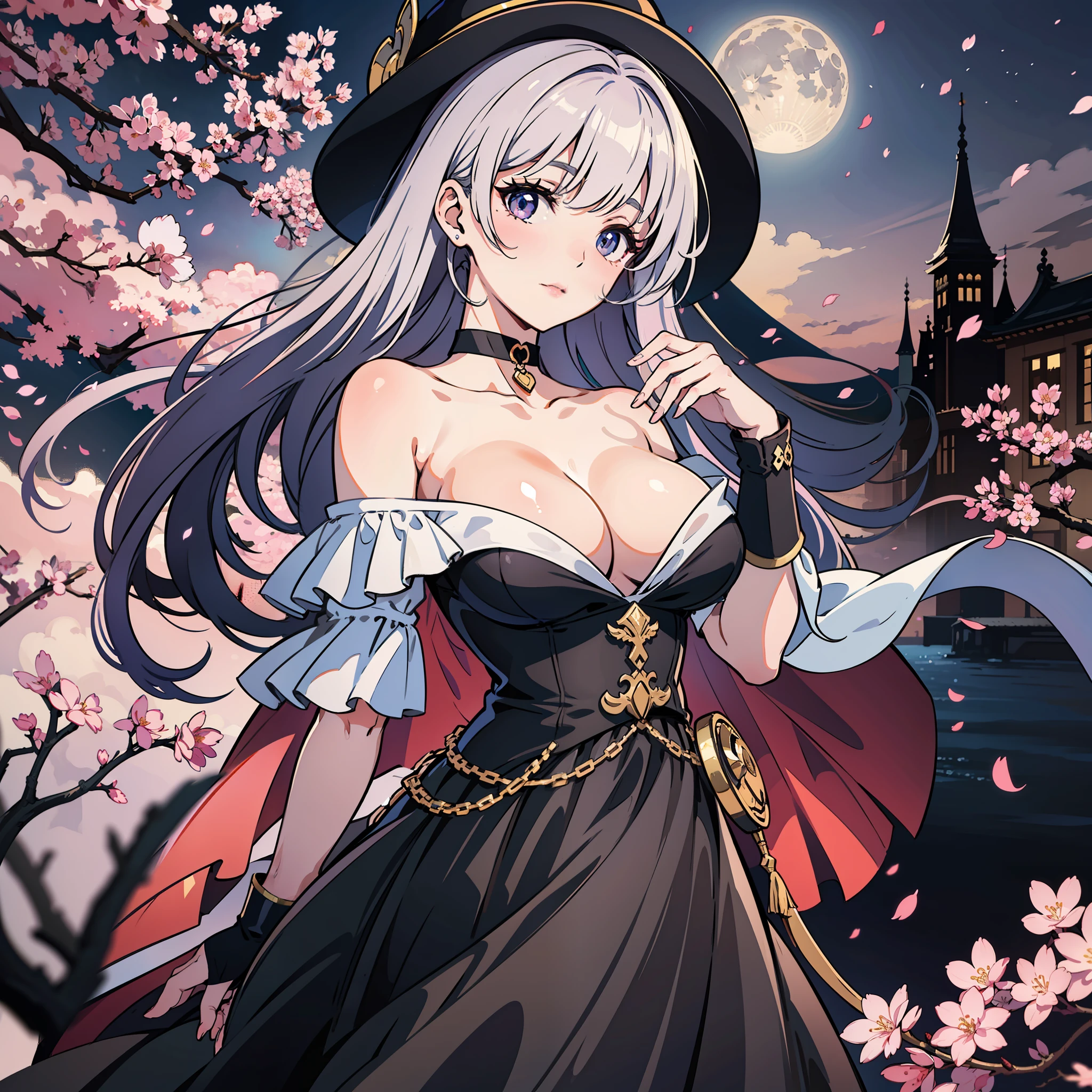 a beautiful queencore in gown off the shoulder white tulle ruffle with silver long curly hair exquisite choker under huge crescent moon is holding a flashing exquisite sword in the sky,cherry blossoms,fluttering cherry blossoms,dark towering palace,sea of clouds curled up,glowing,against moonlight,two tone light,moody darkness,soft pink,CG society,cinematic,realistic scenes,ink style,artwork in the style of mi qi,wlop_(Artstation.com),epic detail,full length shot,rule of thirds composition,blurry foreground,bokeh,depth of field,from below,front view,very tricky angle,motion blur,UHD,extremely detailed,16K,3D_modeling_aid_effec,CG rendering --ar 2:3 --q 5 --niji 5