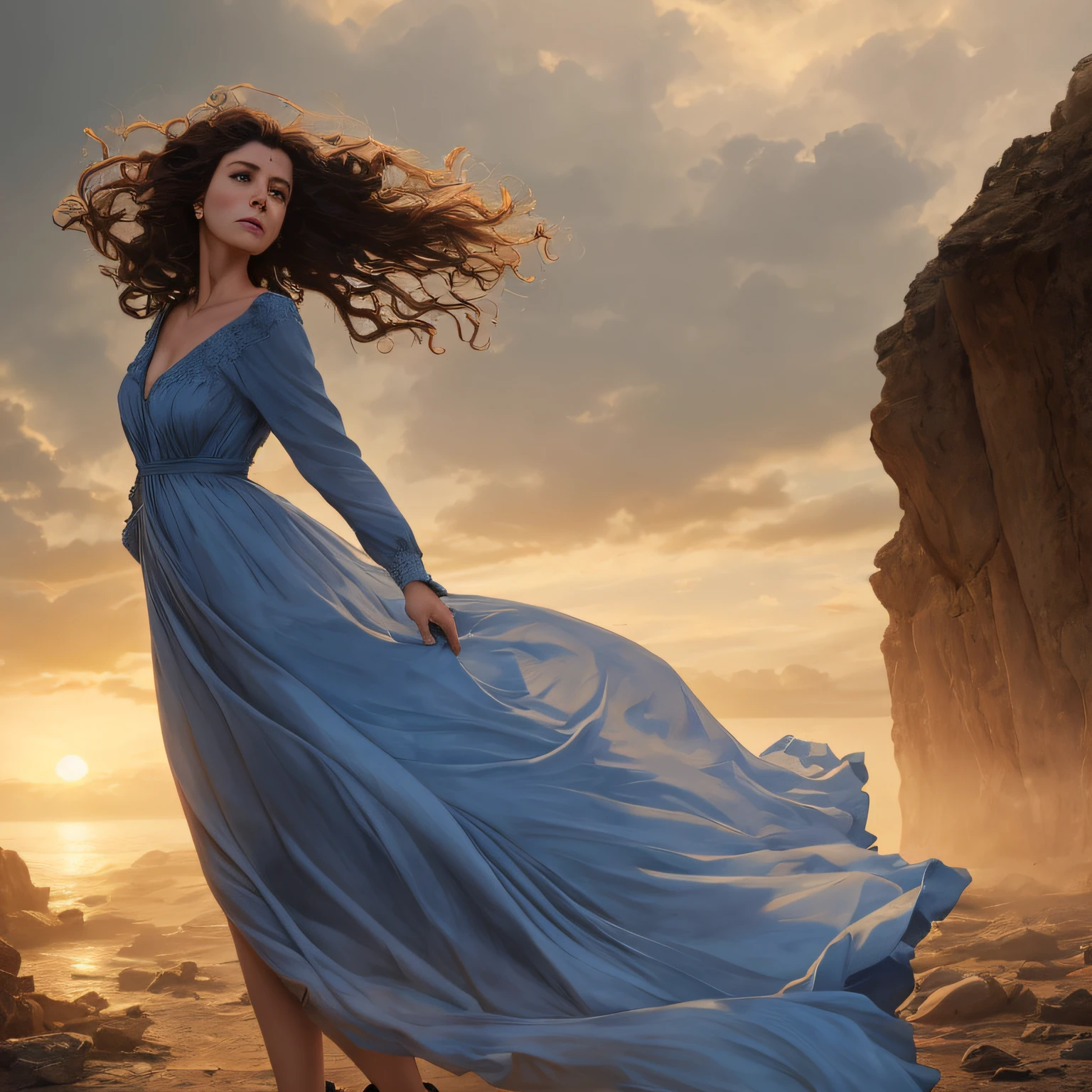 dark and dramatic background, conveying a sense of anguish and appeal. In the center, stands out a mature woman in a position of vulnerability, with her hands extended upwards. The figure is detailed in high-quality CG, with long, curly hair, perfect face, perfect hands and feet. She wears a long dress, with long sleeves and black shoes, conveying a conservative appearance. The expression on his face reveals despair, worry, and crying. The fluid and expressive lines of the figure convey emotion and agony. A bright, soft aura radiates behind her, with shades of blue or gold, creating a contrast with the dark background. The artwork is realistic, with a dimly lit blue sky in the background, resulting in a highly detailed, better-quality cinematic cover.
