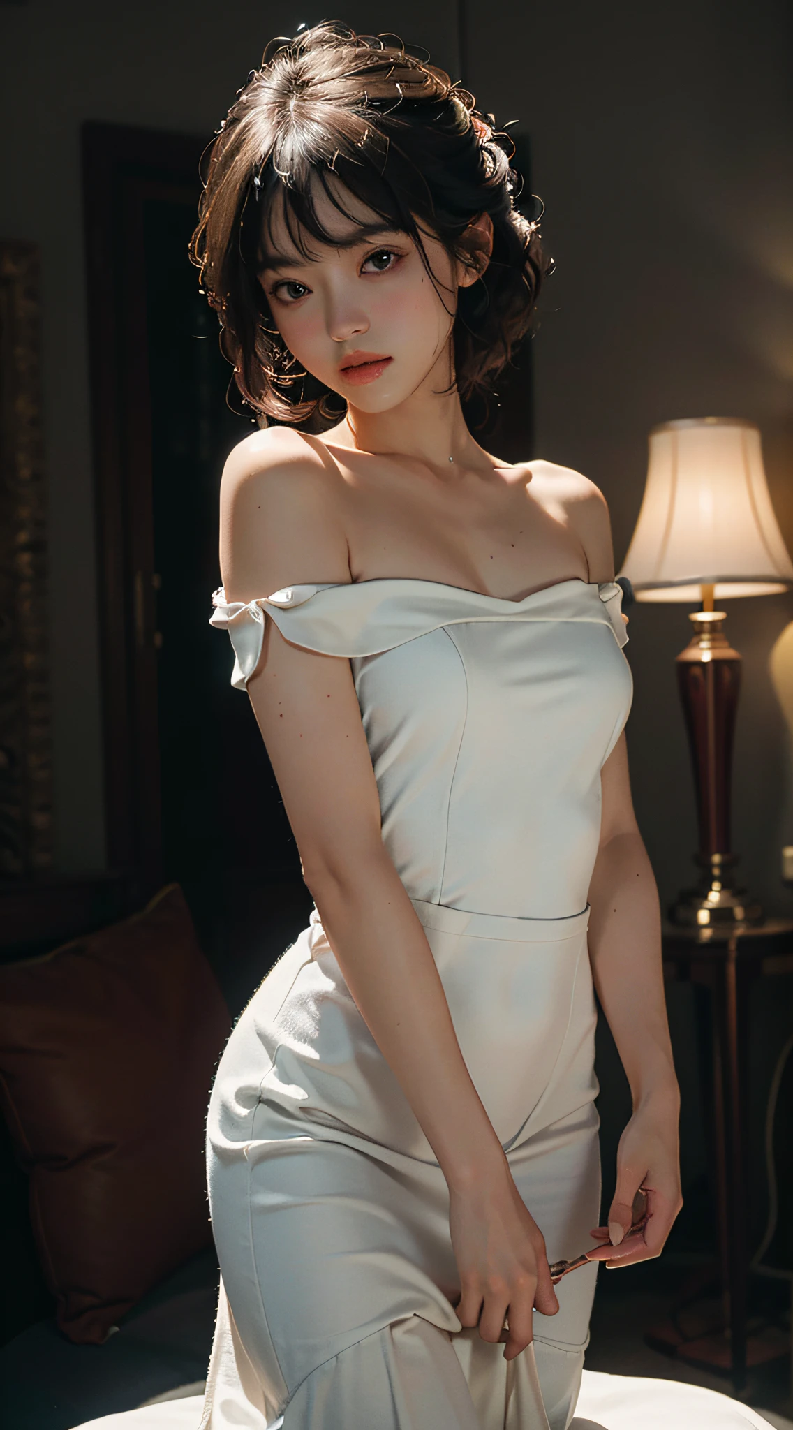 Best Quality, Masterpiece, Ultra High Resolution, (Realism: 1.4), Original Photo, Cold Light, Master Masterpiece, Best Quality, Masterpiece, Ultra High Resolution, (Photo: 1.4), Original Photo, 1girl, Superb Figure, Lady, Delicate Perfect Features, Bare Shoulders, Film Lighting