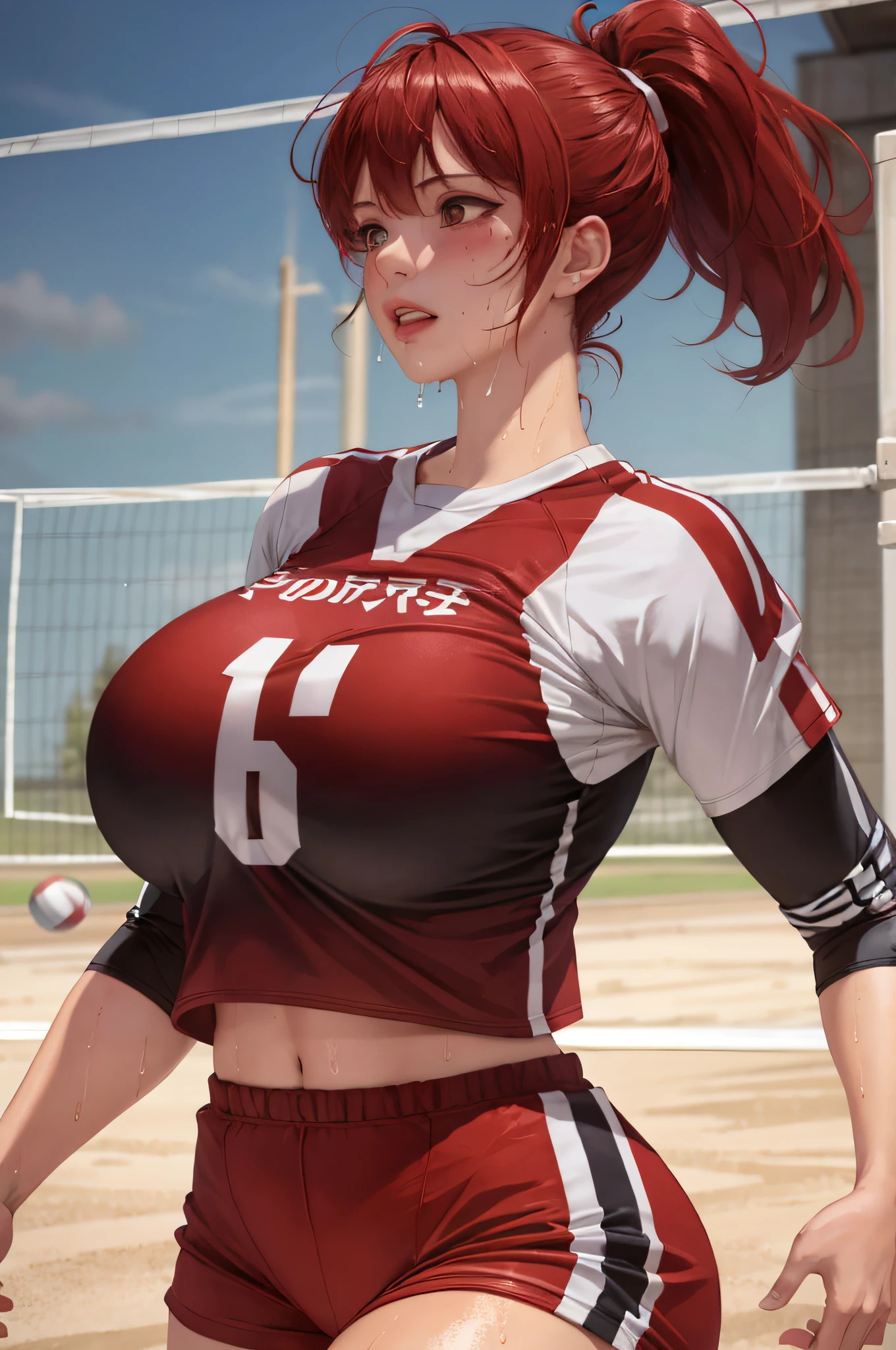 masterpiece:1.2, best quality), realistic, (real picture, intricate details, depth of field), (1girl, solo), make up, parted lips, highly-detailed, perfect face, (huge breasts:1.4), (skindentation), thick thighs, wide hips, small waist, tall, glossy coral lips, red hairs, red eyes, ponytail, (A girl playing volleyball, white volleyball uniform), (sweating:1.2), (wet), sexy, blushing,