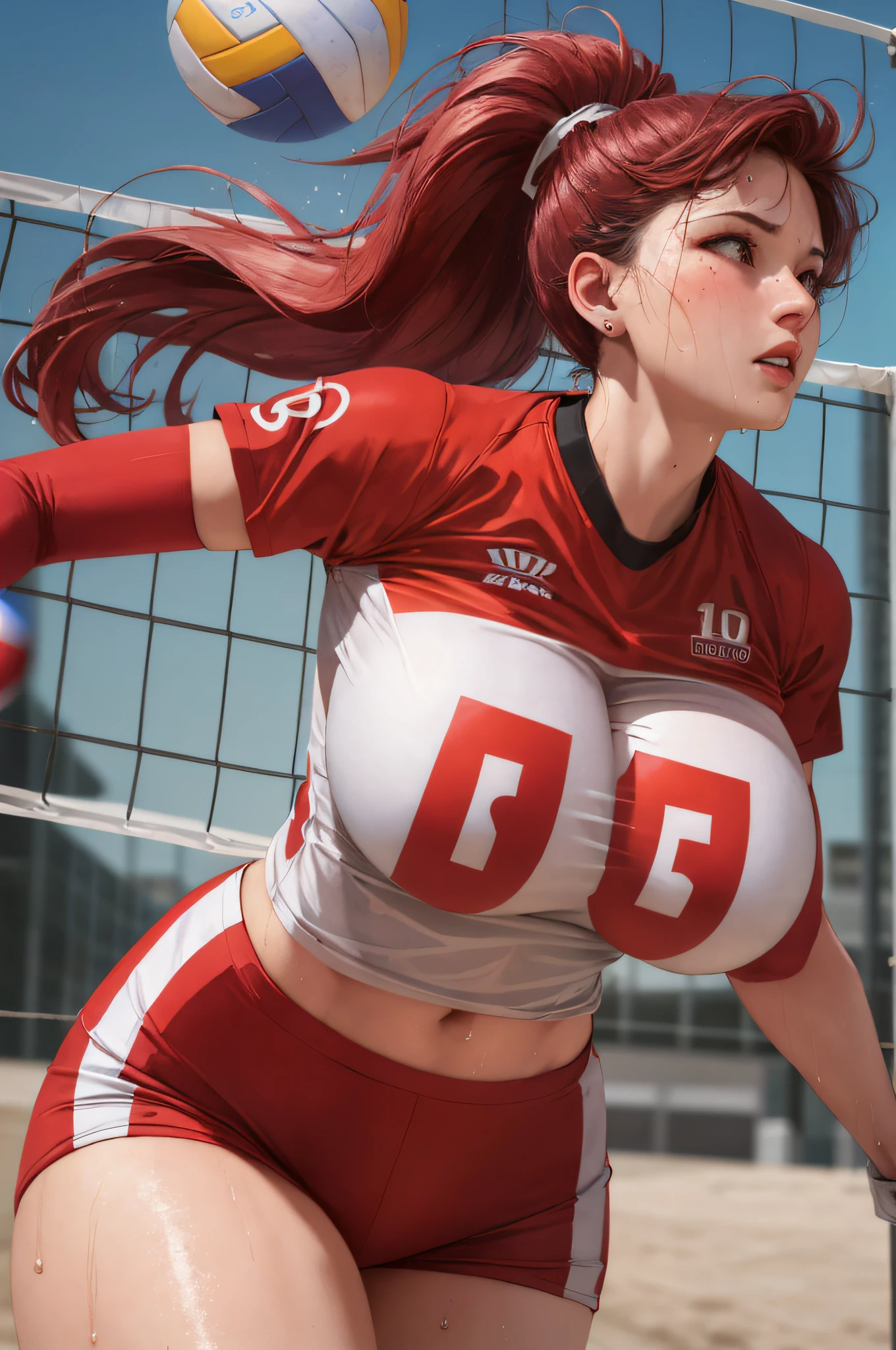 masterpiece:1.2, best quality), realistic, (real picture, intricate details, depth of field), (1girl, solo), make up, parted lips, highly-detailed, perfect face, (huge breasts:1.4), (skindentation), thick thighs, wide hips, small waist, tall, glossy coral lips, red hairs, red eyes, ponytail, (A girl playing volleyball, white volleyball uniform), (sweating:1.2), (wet), sexy, blushing,
