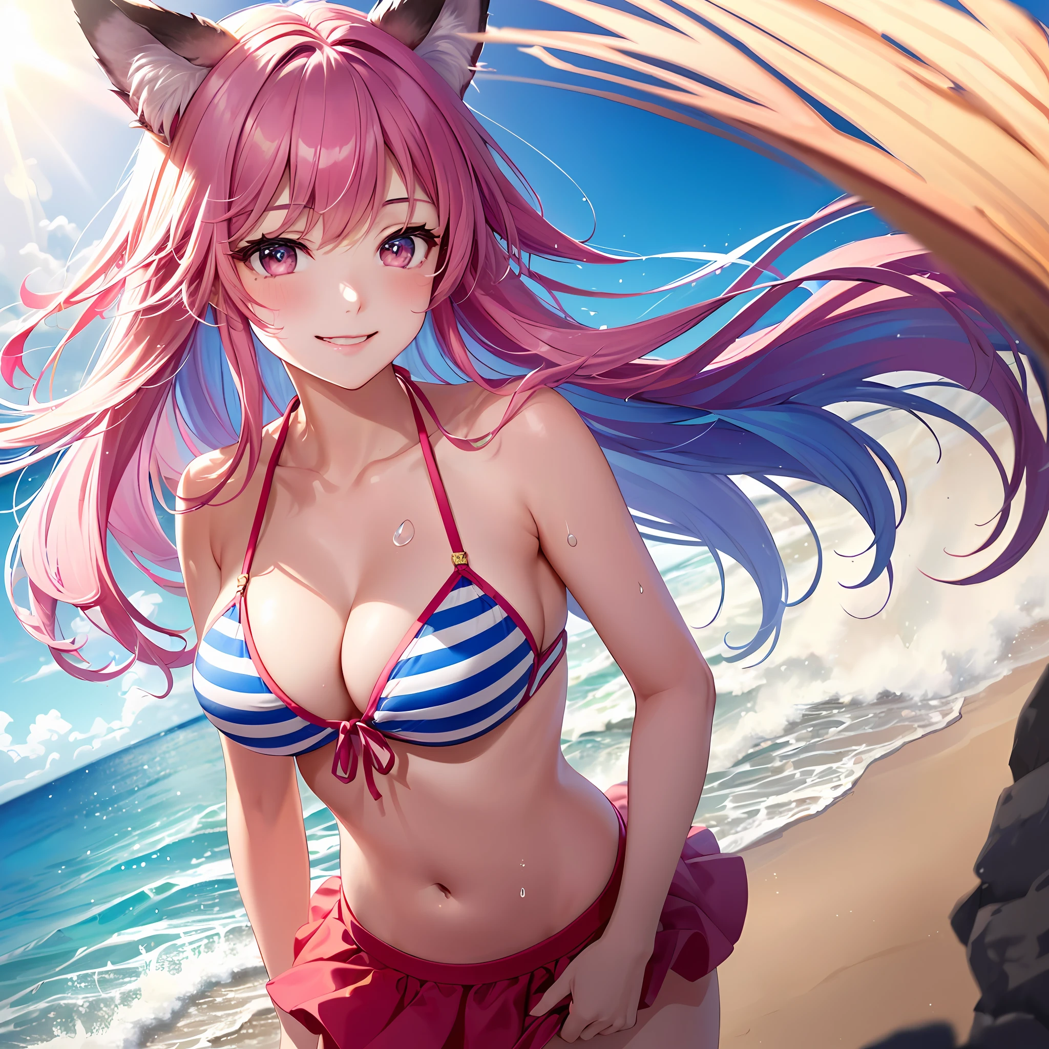 Close-up, upper body, girl 1.2 people, smile, absurdity of wolves, super detail, masterpiece, top quality, break, official art, (beautiful and aesthetic: 1.2), (close-up, upper body, one girl, smile, wolf ears, wolf tail, pink eyes, hairs between the eyes, split color hair: 15, striped hair, long hair, jewels at the ends of the hair (watercolor: medium), break, Devilish Pretty Girl, Beautiful Girl, (Cute: 1.3), s old, Break, Colorful Hair, Split Color Hair, Splash, (Blue and Pink Mixed Hair: 1.2), (Fractal Art 1.3), Break, Cat Ears, Sexy, Random Hair, Variegated Eyes: 15, Variegated Eye Color: 1.5, (Upturned Eyes, Smile: 1.2), (Hair Clips: 1.5), EarringsNM1, Variegated Hairstyles: 15, (Cute String Bikini, Skirt Bikini: 1.5), ((Milk dripping on breasts: 1.4), (Thighs: 1.3), (D Cup, Cleavage: 1.3), (Breast Focus: 1.3), (Best Smile: 1.3), Mouth Open (Breasts: 1.3), Round Eyes, (Milk dripping all over body: 1.3), (Blowing in the Wind: 0.5), (Sweat around girls, dripping sweat: 1.3), Squall (wind: 1.2), Speed, Refreshing breeze, Motion blur effect, Wind Break Background (Beach: 1.3), (stand in the center of the screen: 1.3), outdoor, wind break sunlight, magnificent view, light particles, dynamic angle, Dutch angle, perspective break (daytime, sunbeams: 1.2), depth of field, bokeh, light leakage, (chromatic aberration: 1.2), noon break
