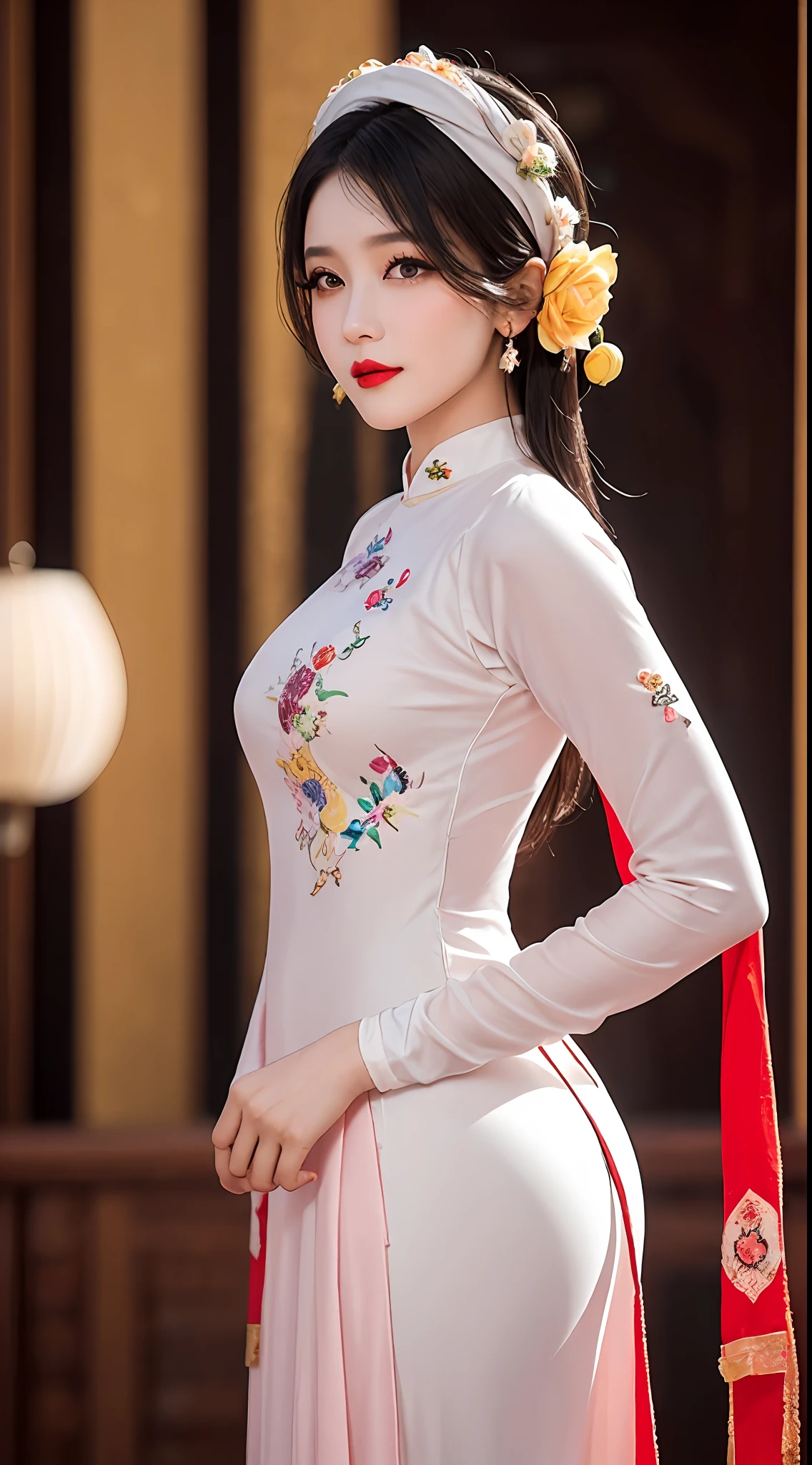 1 27 year old solo girl, 1 zodiac goddess from the future, goddess wearing a bridal gown, 21st century traditional ao dai and turban style, 12 pink and purple zodiac signs, goddess wearing white shirt, red and yellow silk pants, red and white tight-fitting long dress, thin cloth ao dai, wearing a long sleeve shirt, sparkling zodiac, luxurious and mysterious dark version, turban with many delicate patterns skillful, wearing a turban across the head of the goddess of the zodiac, 1 compact bridal turban for the goddess, ((1 meticulously designed and detailed bridal turban: 1.8)), red lips, thin lips and beautiful, captivating smile, detailed beauty, detailed background, super detailed, magic lighting, beautiful lighting effects, clear face, long flat hair, beautiful face, meticulous and well-proportioned, (transparent yellow eyes: 1.8), big round eyes and very beautiful and meticulous makeup, visionary, long wearing silk clothes, mysterious makeup, besides bangs and dyed light blonde, big, regular breasts, plump butt, flat stomach, perfect body curves, top half portrait, goddess of the zodiac, drooping arms, Realistic and alive, (the stars make up up) zodiac: 1.7), (sky) of bad zodiac signs texture: 1.8), fiction photo, RAW photo, Vietnamese ao dai photo, best photo, 8k, best quality 8k photo, surreal, most authentic,