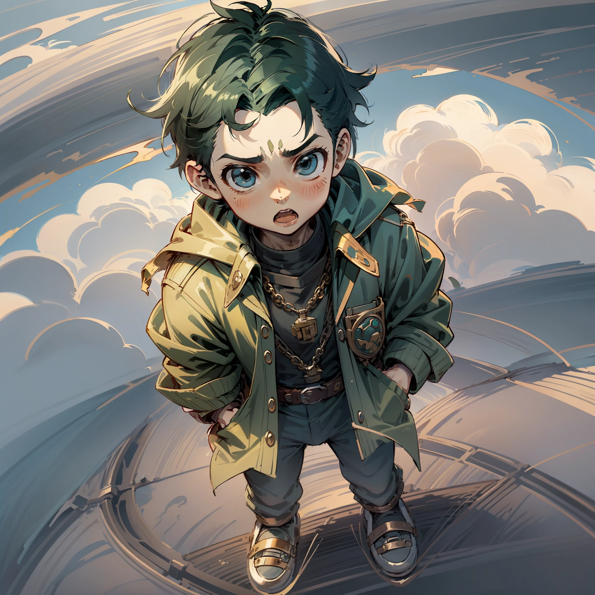 A boy looking down on the ground from above the clouds, a surprised look of a boy,