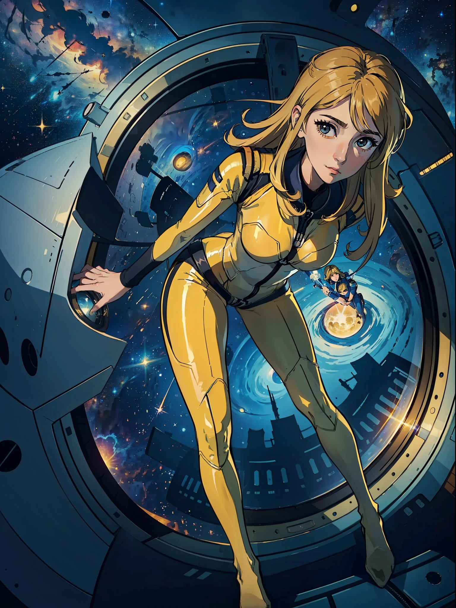 (masterpiece, best quality:1.2), (cowboy shot:1.1), solo, 1girl, mori yuki, slight smile, closed mouth, looking at viewer, blonde hair, thigh gap, (unzipped bodysuit:1.5), leaning forward, yellow bodysuit, skin tight, belt, large window, (starship porthole:1.3), from front, (spread legs:1.3), (standing:1.1), starship interior, (outer space view:1.1), (orbital view:1.3), (night, stary sky:1.5), milky way
