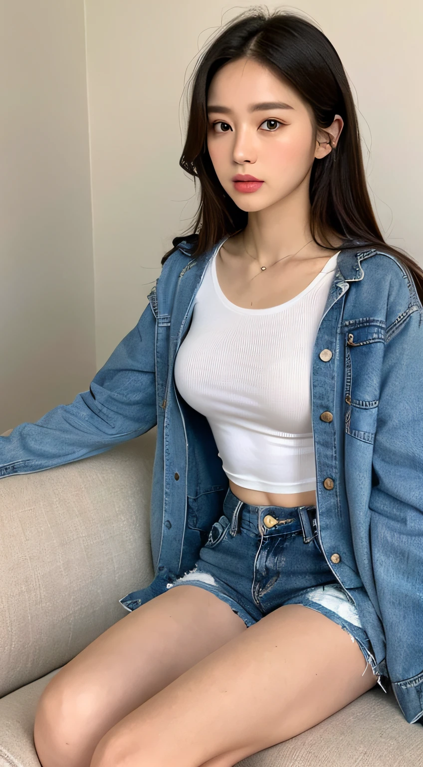 ((Top quality, 8k, Masterpiece: 1.3)), Beauty, Hidden Face, 1 Girl, Beauty: 1.3, Slender Abs: 1.1, Large Men's Shirt (Loose: 1.4) Exposed, No Underwear, Denim Ultra Shorts, Full, Long Brunette Hair, (Sitting Cross-legged on the sofa), Ultra-detailed face, Highly detailed lips, Detailed eyes, double eyelids, Strict head-to-body ratio: 1.5,