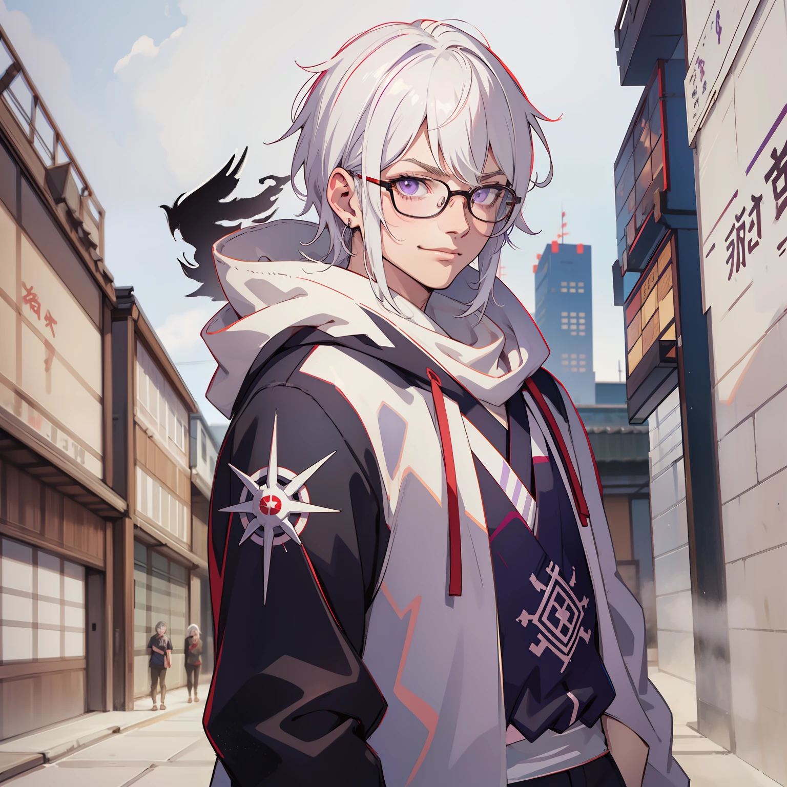 masterpiece, top notch quality, anime boy, white hair, purple eyes, oversized t shirt, hanafuda earrings, purple outline, bags under eyes, black eyeliner, highres, illustration, skinny build, glasses