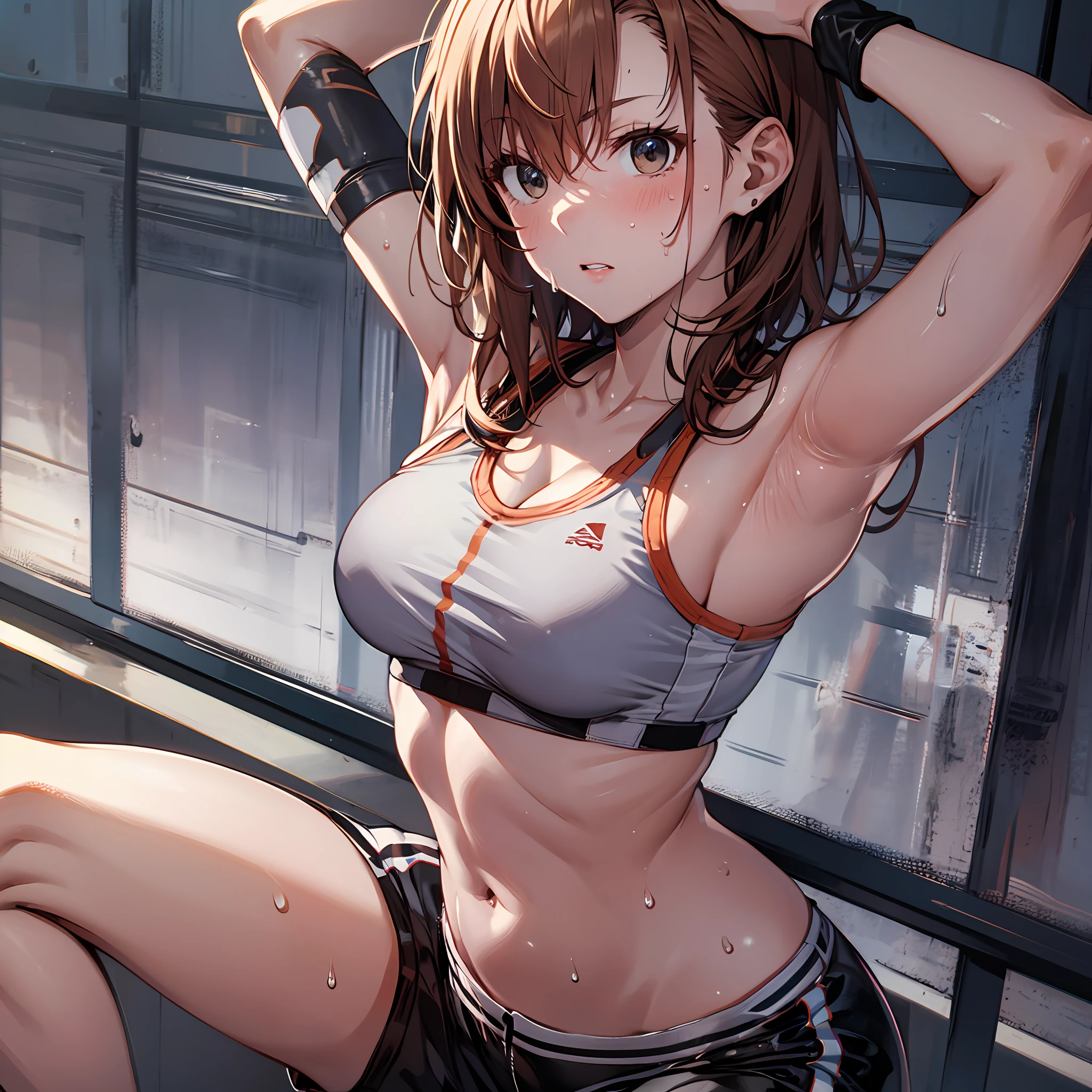 Masterpiece, 4K, Best Quality, Misaka Mikoto, Ribbon, Sports Bra, Latex Shorts, Sweat Copious Face Sexy Pose Small Tits