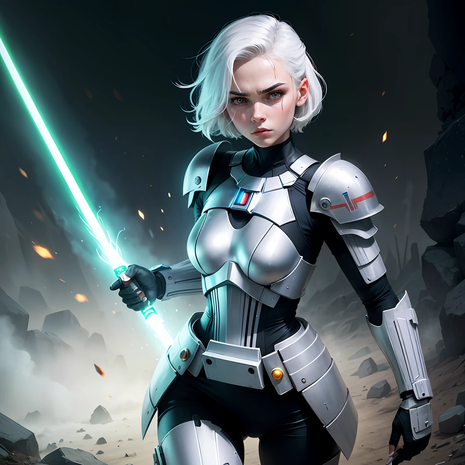 Blue lightsaber in hand, short hair, serious face, combat attire, white hair, yellow eyes, white armor, android, human appearance, adult woman --auto
