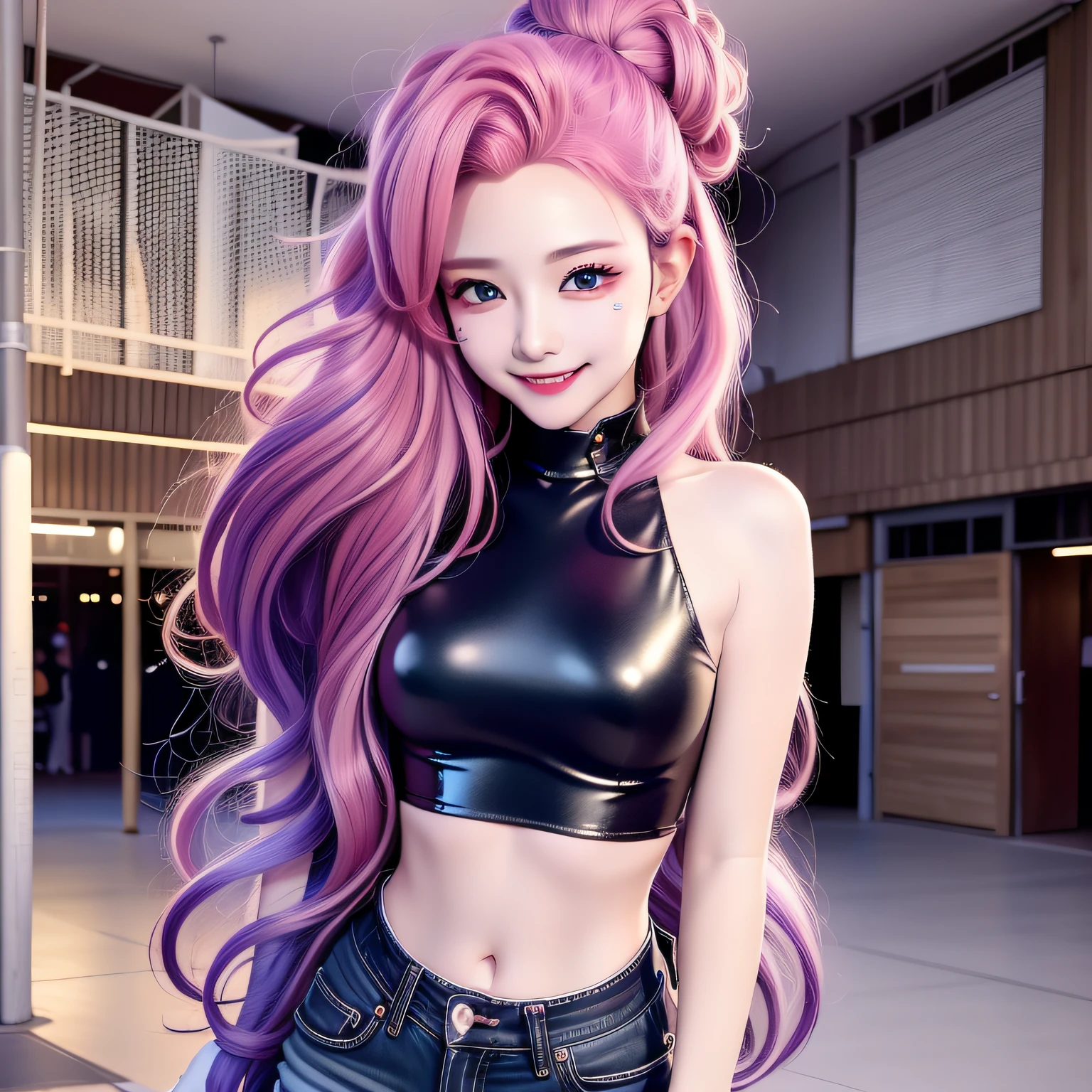 Best quality, masterpiece, (tilt: 1.4), 1 girl, yuzuriha_ (hell), purple hair, brown eyes, ninja, open clothes, small breasts, top knot, medium hair, breasts parted, seductive smile, pants, undressing, (blush:1.1), japanese appearance, temple,
