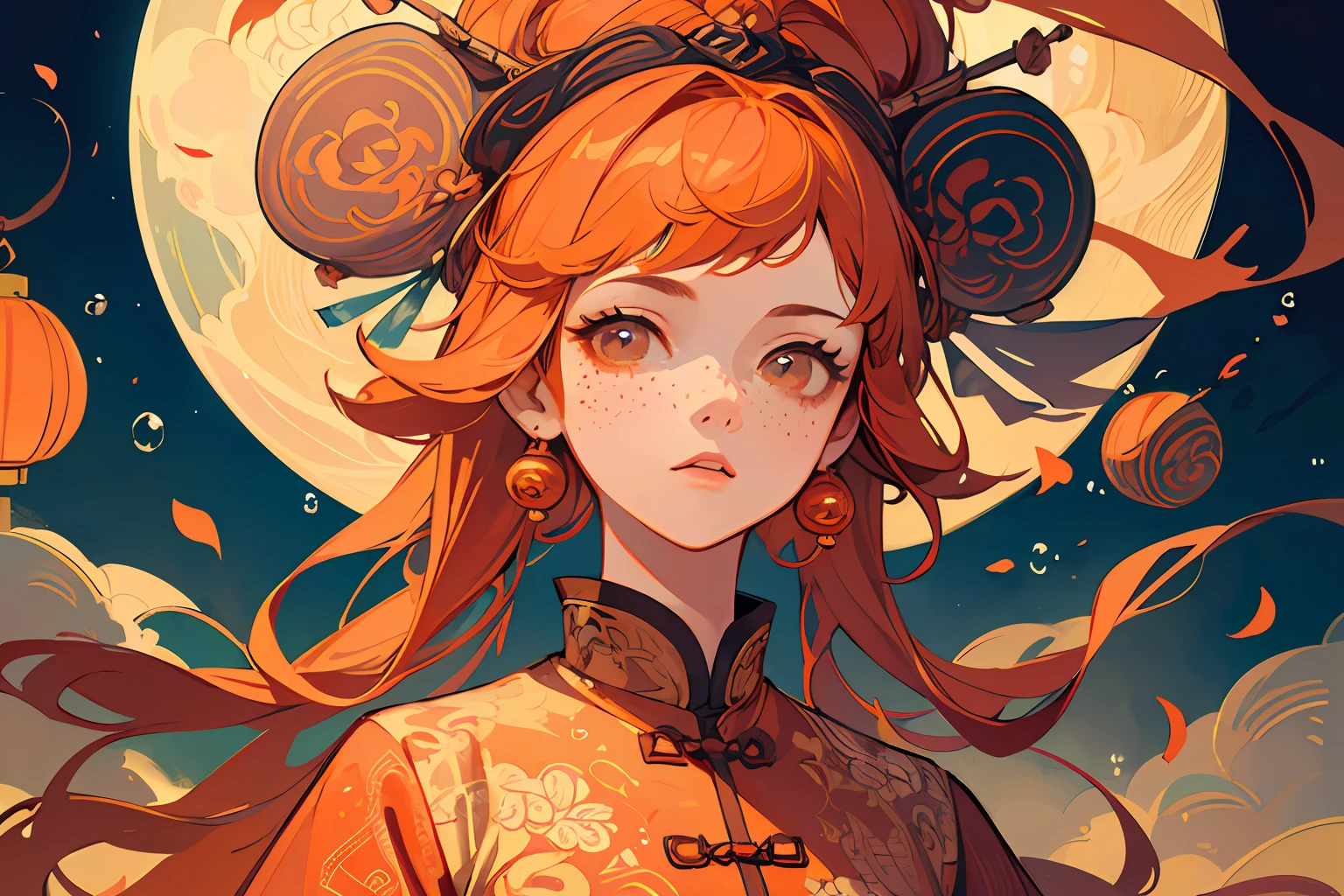 ((Masterpiece)), ((Super Detailed)), ((Best Quality)), Beautiful Detailed Eyes, Detailed Face, Best Lighting, Best Shadow, Ancient Chinese Girl in Han Costume Holding Paper Fan, Half-body, Delicate Clothes, Rhyme, ((Classic Disney Style, Edge Lighting, Flat 2D Style, Disney 2D)), ((The main colors are orange and red)), Huge Moon, (Girl Inside Petals:1.5), Flower Island, World Made of Lanterns, Freckles, Cold Nose, ((((bubble))), marbles, Chinese inspiration, (highly detailed), swirl,