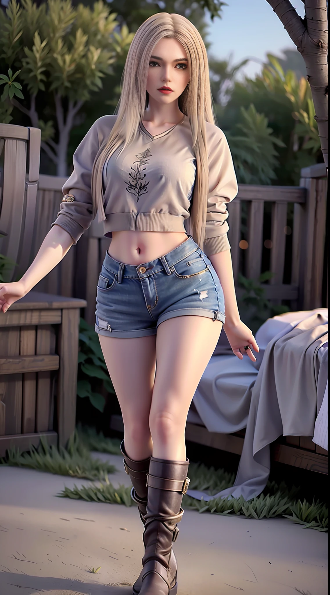 kaisha, ultra-high resolution, realistic, photorealistic, imagination, (realistic), composition, (HDR:1.5), outdoor, intricate details, sweatshirt, skinny jeans, white boots, 8K, full body, red lips, open arms,