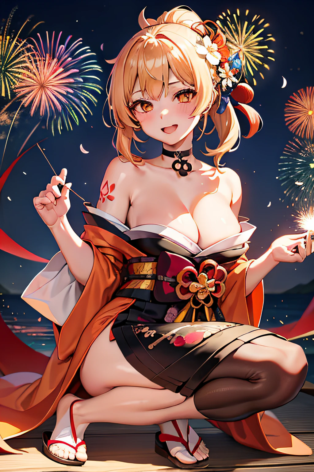 masterpiece, exquisite, high-resolution, single woman, blonde, medium hair, asymmetrical hair, floating hair, fold, high ponytail, side lock, hair ornament, fish hair ornament, tassels, kanzashi, bangs, orange eyes, open mouth, smile, teeth, upper teeth only, choker, red choker, pendant choker, butte choker, collarbone, tattoo, chest tattoo, flower tattoo, cleavage,chest, thighs, bandages, bandaged legs, sarashi, budget sarashi, chest sarashi, black sash, hadanugi dosa,, kimono, kimono, drawstring, obi, obiage, obijime, orange kimono, drawstring, patterned kimono, rope, obi, shimenawa, short kimono, bare shoulder, genshin, east east Asian architecture, cherry blossoms, full body, squatting, sparkler, night, fireworks, fireworks, legs crossed, Feet, Single Gloves, Single Fingerless Gloves, Wristband, Black Socks,