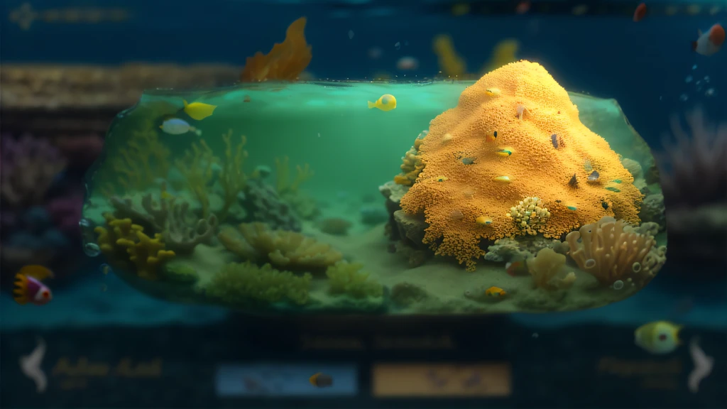 Underwater world, yellow-green tones, sand, yellow coral, shells, yellow crystal ore, fish, fine picture,