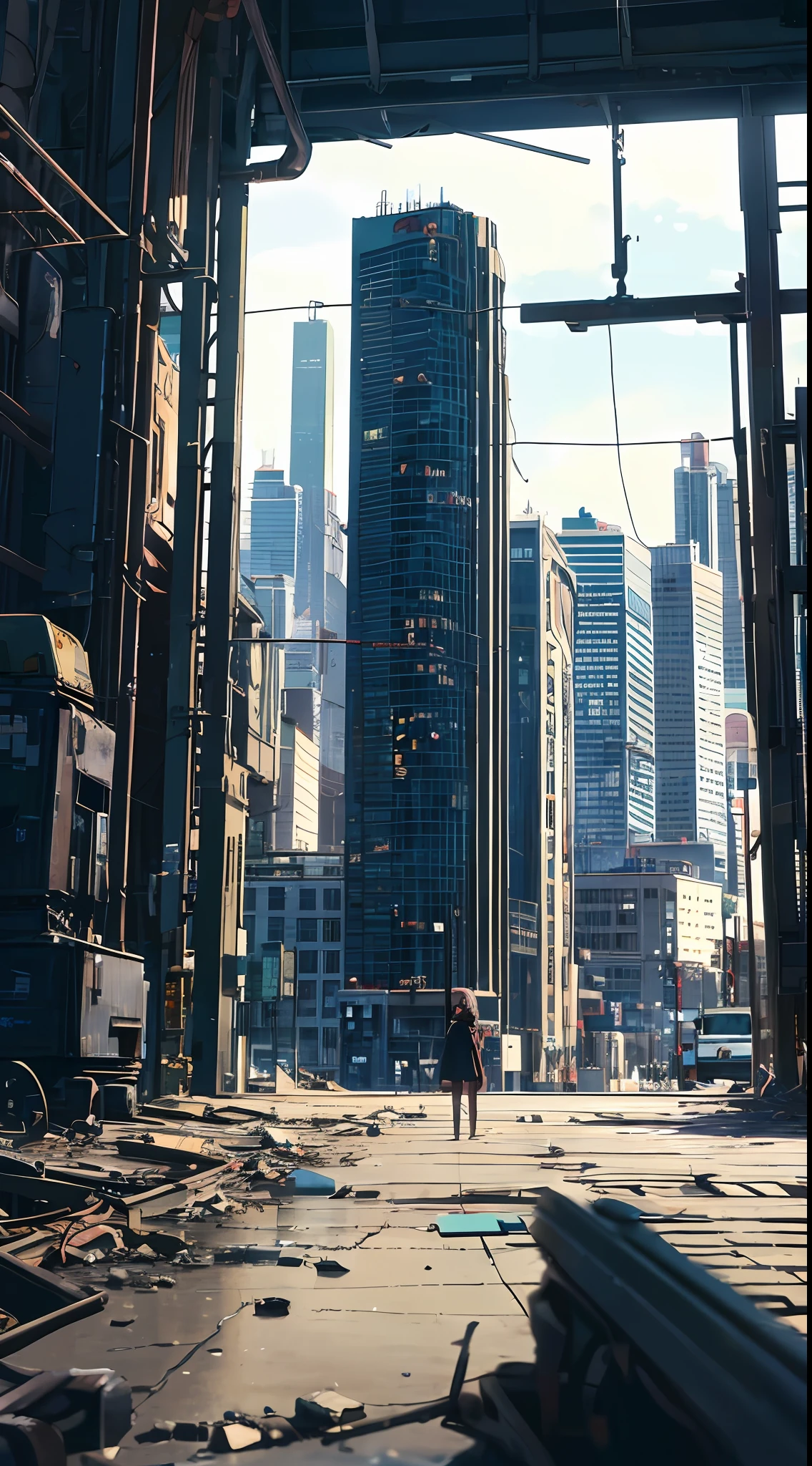 Dystopia of hope, light and shadow, little girl lost in the dark city of Chicago, back of a little girl in the back center of the screen, complex cityscape, devastated world, pulling composition, industrial, very high definition depiction