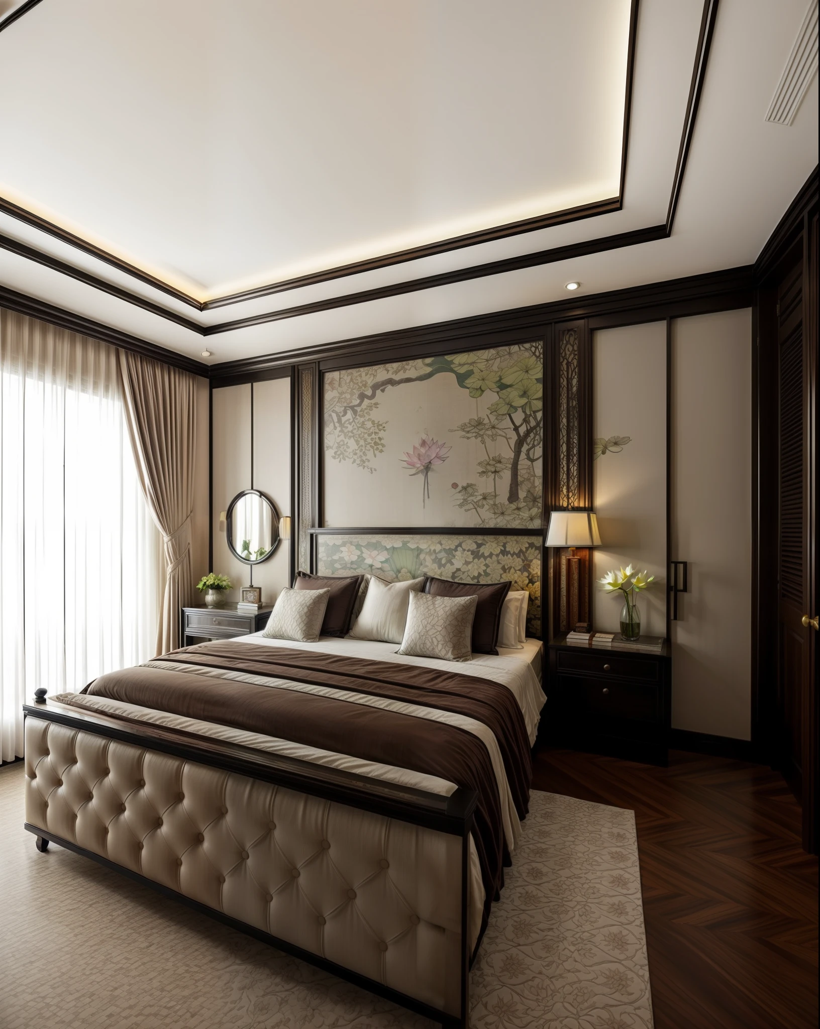 (indochina design bedroom:1.3), (photo realisstic:1.2), (supper detail:1.2),1bed, 1 chair, (1 lotus theme poster on the wall:1.3), indochina floor, orange wall, indoor, whiten light, cinematic lighting, (scale up:1.5)