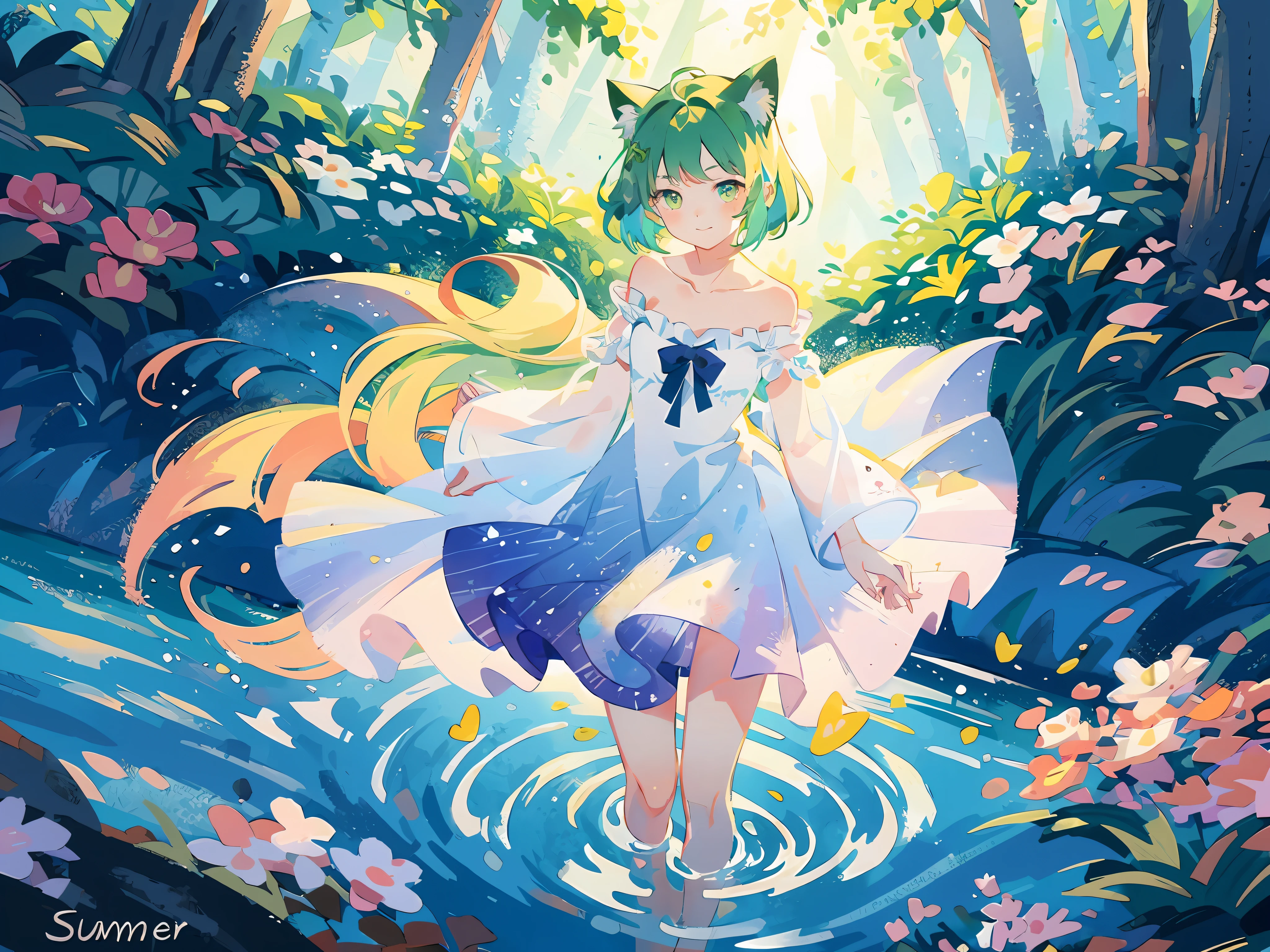 (highest quality), (masterpiece: 1.2), (colorful: 0.9), (ink splash)), (color splashing), (watercolor)))), clear focus, model shot, full body,
(Summer Portrait Goddess: 1.5), cute look, cat ears, elegant green hair, beautiful detailed face and eyes, elegant goddess clothes, ((summer forest background)),
Colored Water, Forest