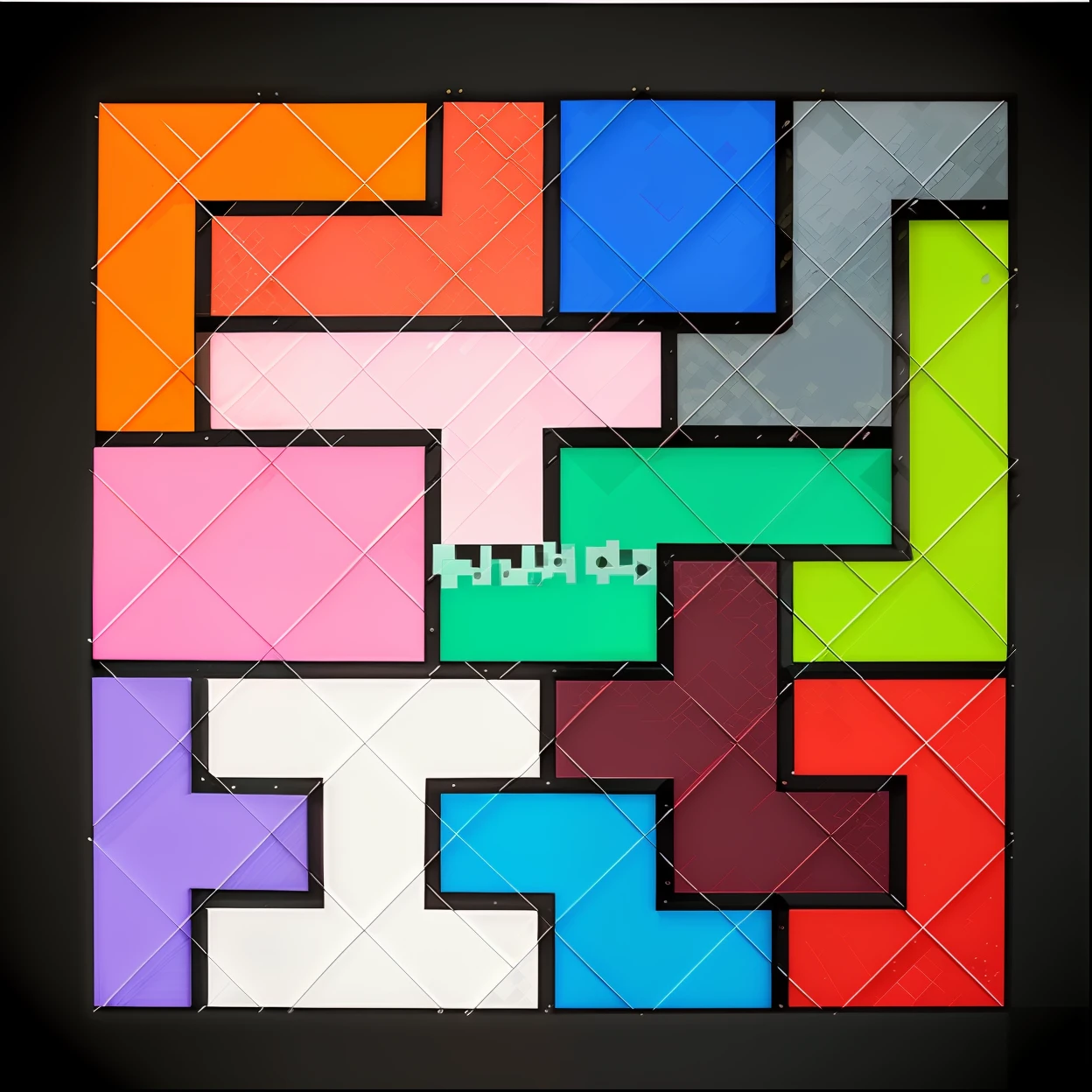 a close up of a colorful tile with a black background, inspired by Malevich, puzzle art, tetris, color blocks, abstract blocks, geometric abstract art, inspired by Kazimir Malevich, inspired by Theo van Doesburg, mc escher tesselation, synthetic cubism, colourful, geometric abstract, abstract geometric art, abstract flat colour