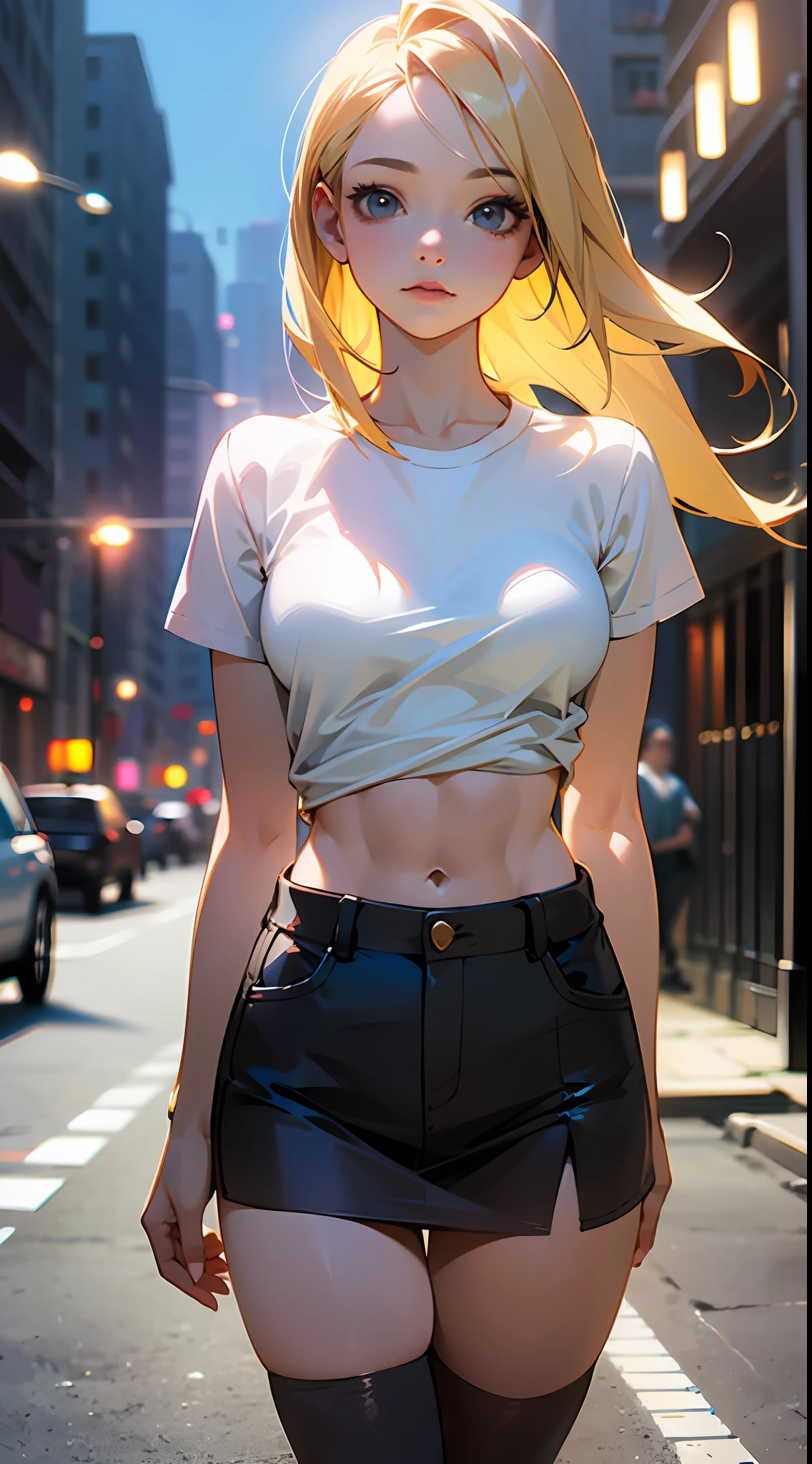 ((Realistic Lighting, Best Quality, 8K, Masterpiece: 1.3)), Focus: 1.2, 1girl, Perfectly Shaped Korean: 1.4, Slim Abs: 1.1, ((Blonde Hair)), (White T-Shirt: 1.4), (Outdoor, Night: 1.1), City Streets, Super Thin Face, Thin Eyes, Double Eyelids, Miniskirt, (Black Socks Over the Knee: 1.5) --auto --s2