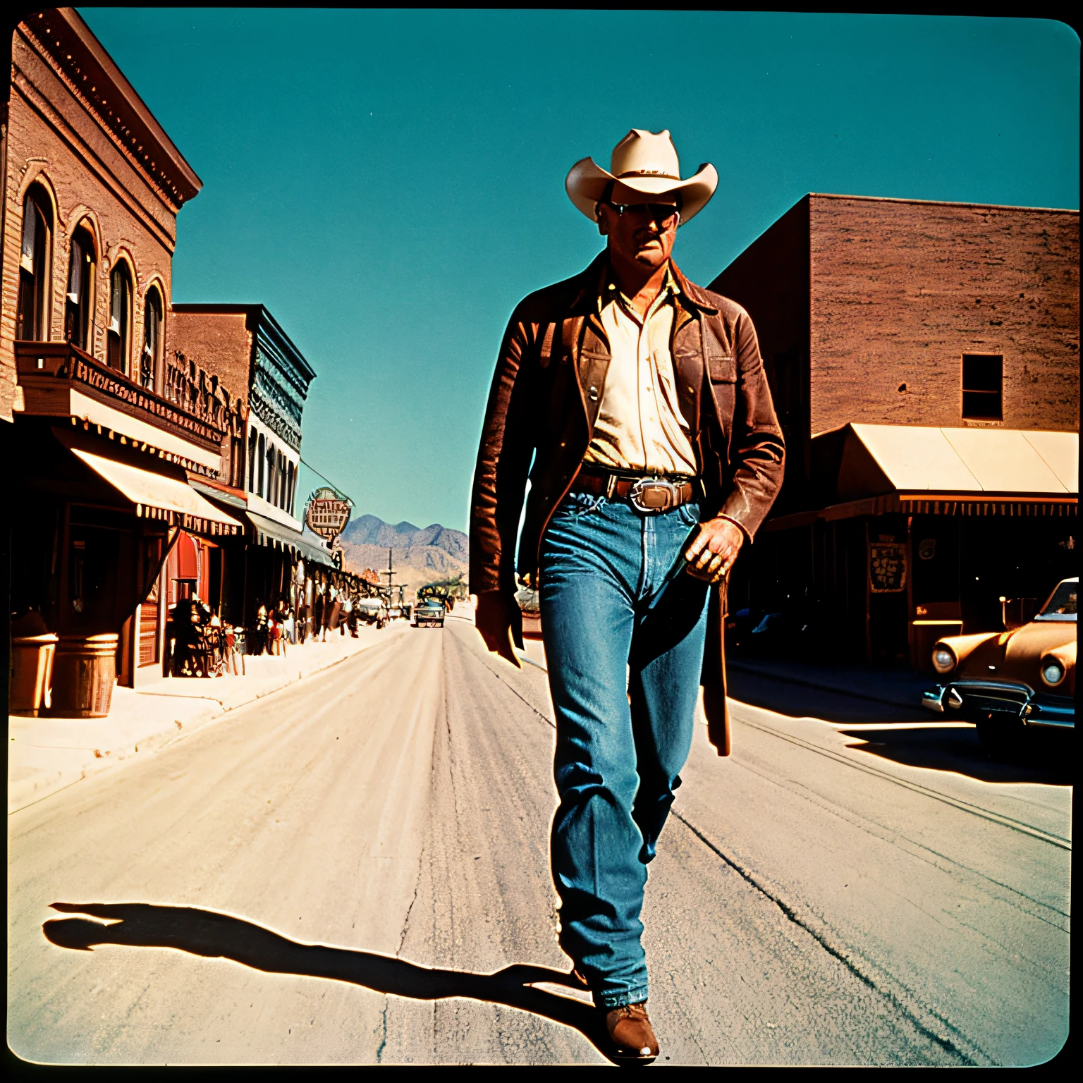 Vintage movie style, film texture, 8mm lens, John Wayne, cowboy, western town --auto