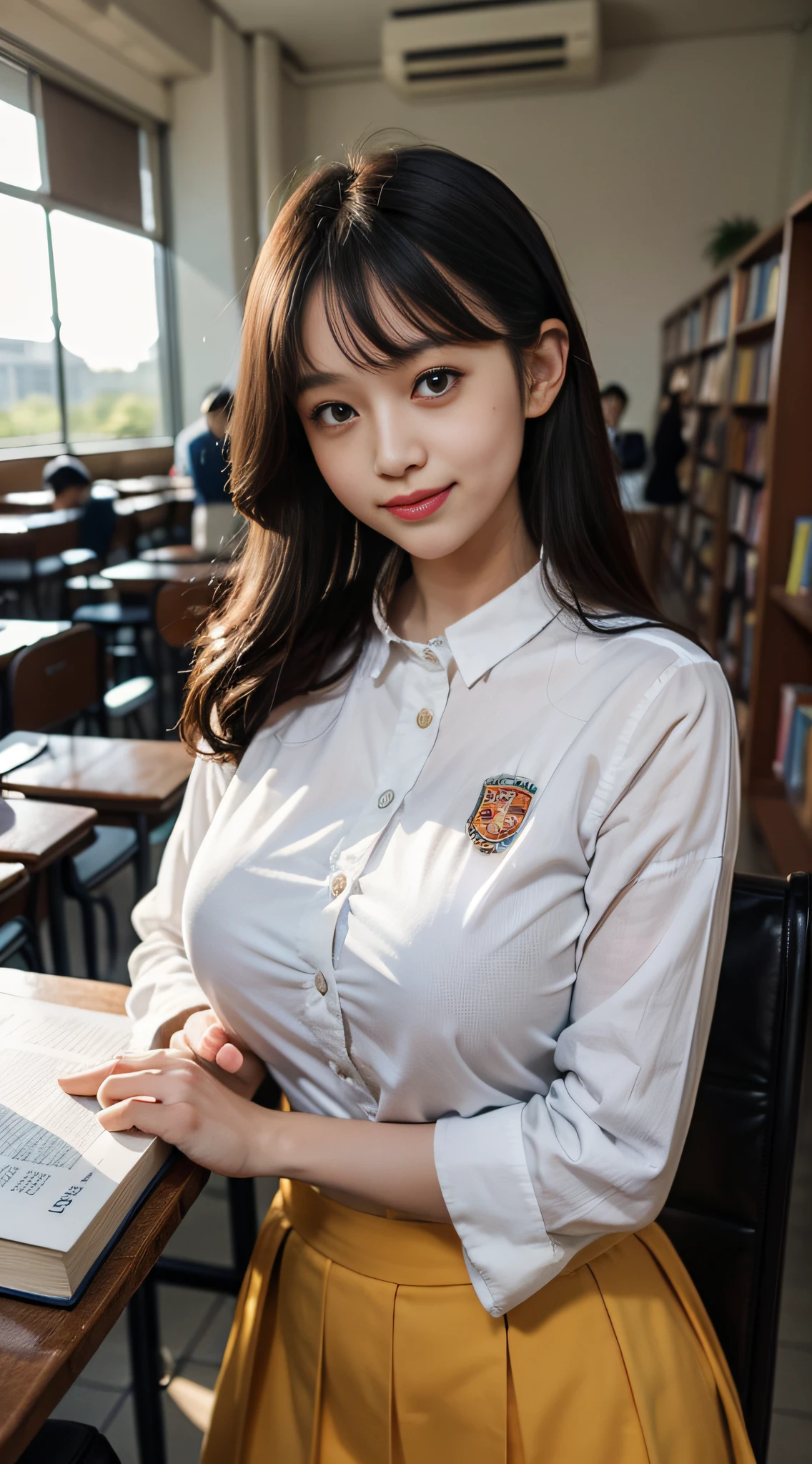 (dasha taran),japanese,upper half of body,Big eyes,small face,school uniform,bangs,in the dark,thick body:1.8,huge breasts:1.6,lustrous skin,smile,sunset,School zone,bookstore