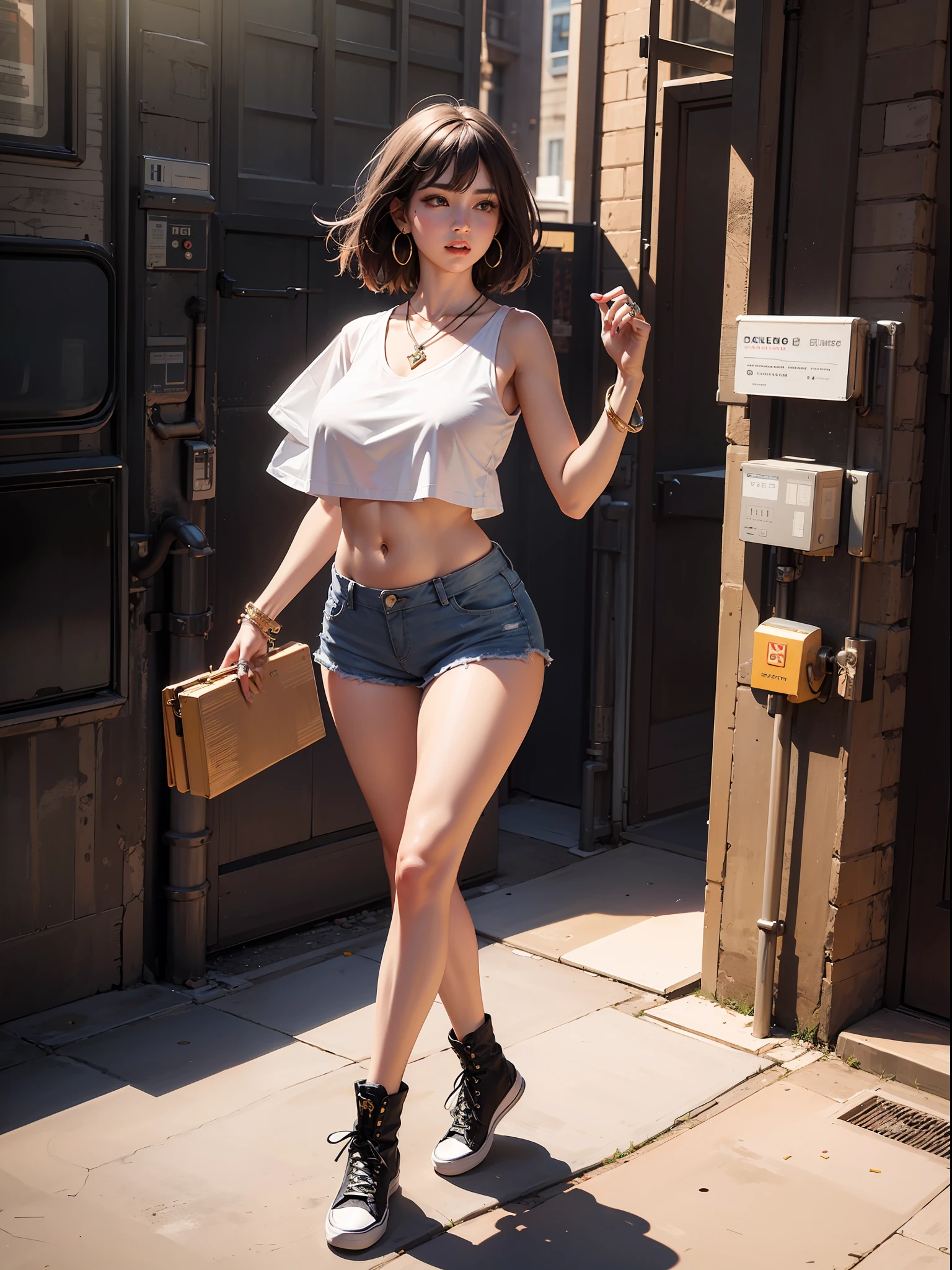Best quality, full body portrait, delicate face, 18 year old girl, slim figure, huge bust, sleeveless crop top T-shirt, loose shirt, belly, wide-gap crotch, crotch, cameltoe, very short shorts, sunset bridge, scene, standing tall, , necklace, rings, earrings, bracelet, watch, Vans Old Skool, thigh high