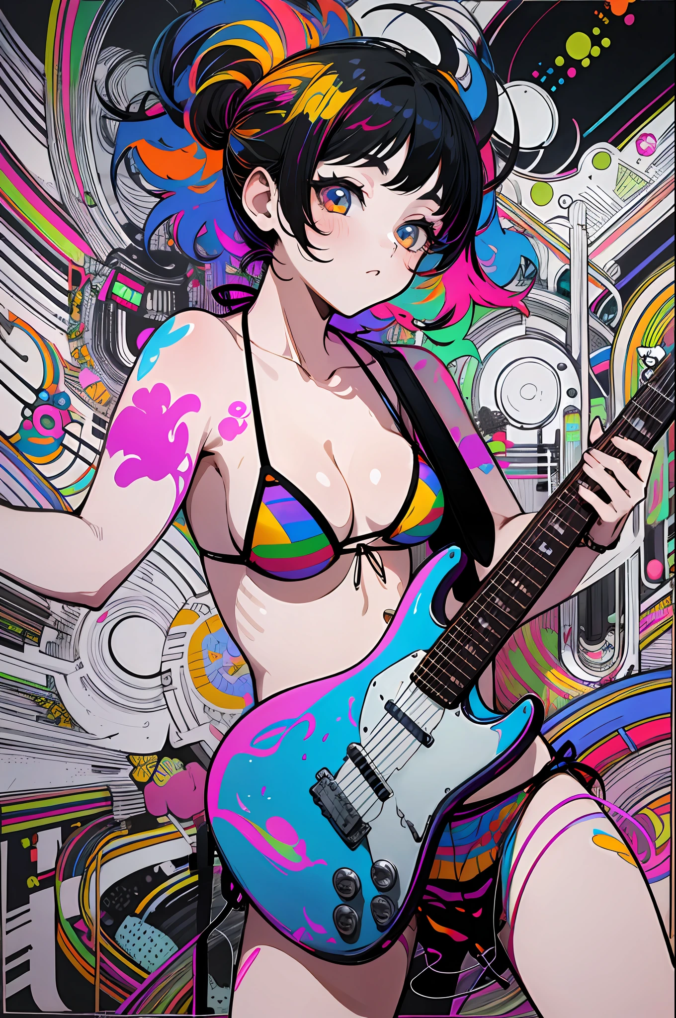 1girl, neko-chan, colorful bikini, black hair, play electric guitar, Best Shadows,  (Highest Quality, Amazing Details:1.25),  Brilliant Colorful Paintings, lineart