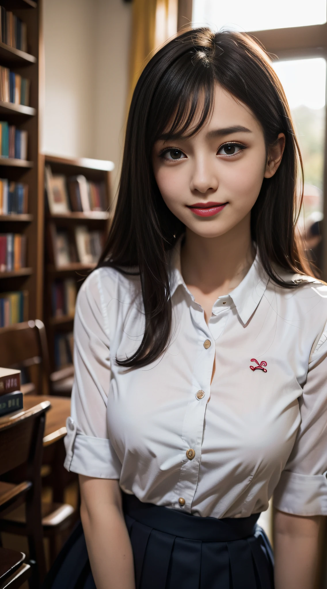 (dasha taran),japanese,upper half of body,Big eyes,small face,school uniform,bangs,in the dark,thick body:1.8,huge :1.6,lustrouin,smile,sunset,School zone,bookstore