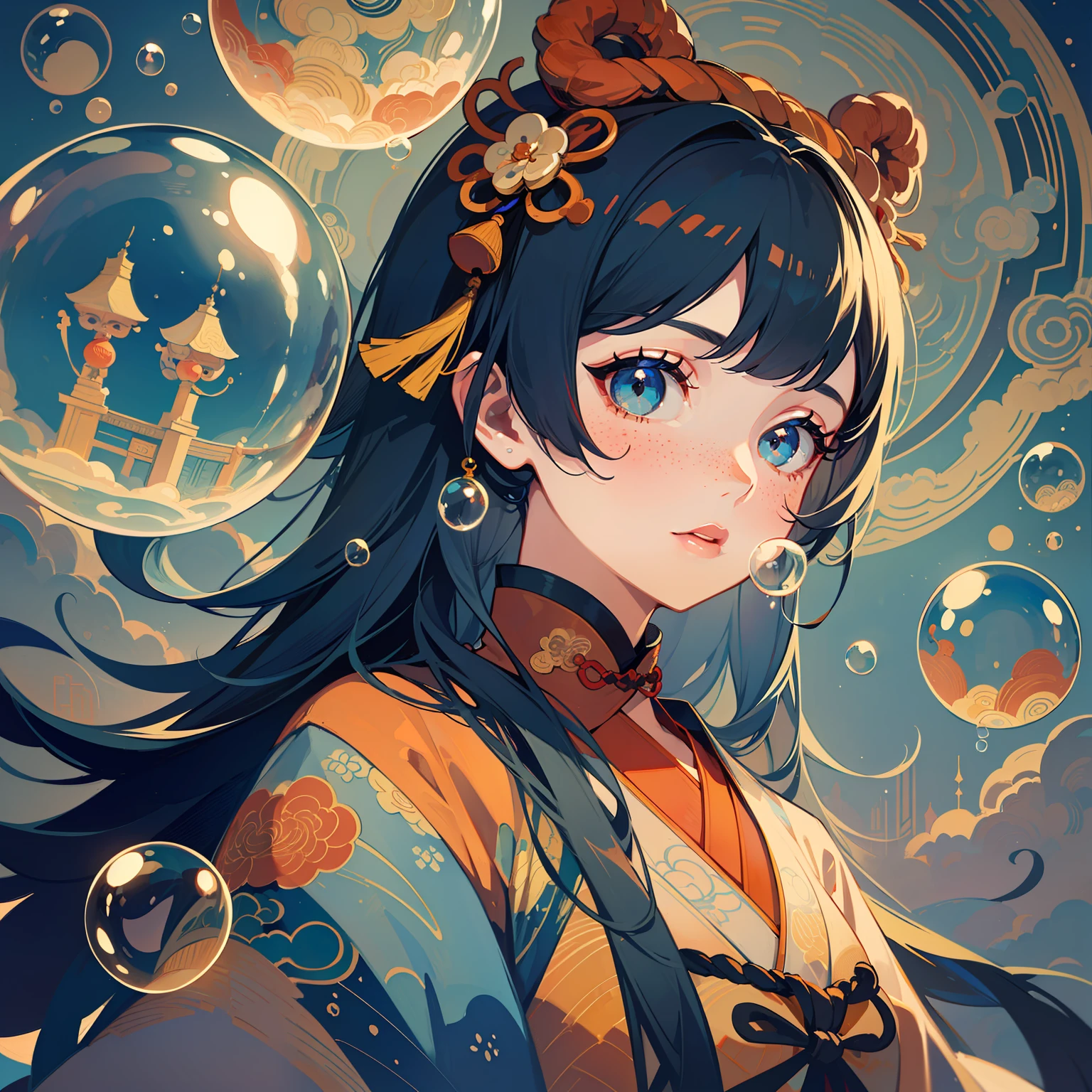 ((Masterpiece)), ((Ultra Detailed)), (Best Quality)), Beautiful Detailed Eyes, Detailed Face, Best Lighting, Best Shadow, 1 Front Bust Girl Dressed in Traditional Costume with Colorful Costume Pattern, Solo, ((Traditional Chinese Style, Edge Lighting, Flat 2D Style, Disney 2D)), ((Main Colors Are Orange and Red)), Huge Bubbles, (Girl Inside Bubbles:1.5), Bubble Island, Bubble Paradise, World Made of Bubbles, Freckles, Cold Nose, ((((Bubble))), Marbles, Japanese Inspiration, (Highly detailed), Vortex Effect, A3,