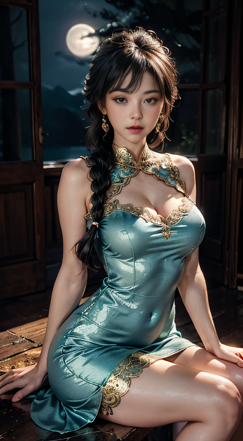 The art depicts an attractive woman dressed in a flowing silky traditional oriental dress, light blue, decorated with intricate patterns and bright colors. Her dress drapes elegantly over her curvaceous figure, emphasizing her seductive silhouette. (a large intricate golden embroidered dress in the front of the dress), (the chest is heavily lace), she stood gracefully on a quiet moonlit night, bathed in the soft light of the moonlight. The scene exudes an ethereal and dreamy atmosphere with a mysterious and sexy touch. The graphic style blends watercolor and digital illustration techniques to evoke sophisticated beauty and charm. The lights are filled with soft moonlight, casting soft highlights and shadows on her charming features. (bare thighs), wearing a tight translucent dress, large breasts, three-dimensional facial features, sitting, upturned legs, 8k, RAW photos, highest quality, (curly black and long braids), high resolution, high quality photo, complex, (breast exposure, cleavage),