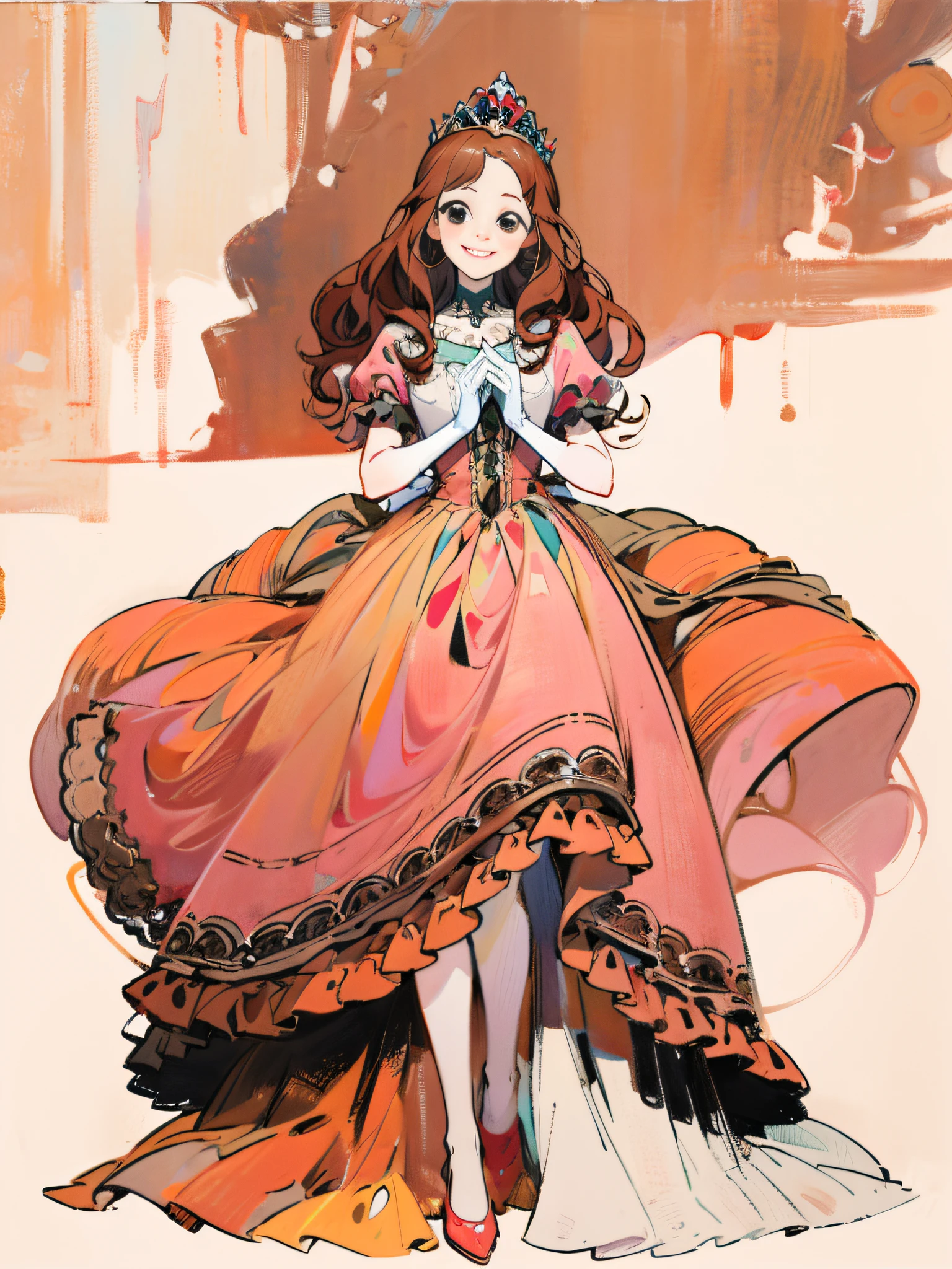 Fechin, oil painting, IMPRESSIONISM, simple background, a picture of a princess Krinoline dress, pale pink dress, brown hair, fair skin, black eyes full body, long curly hair, smile, detail, masterpiece,