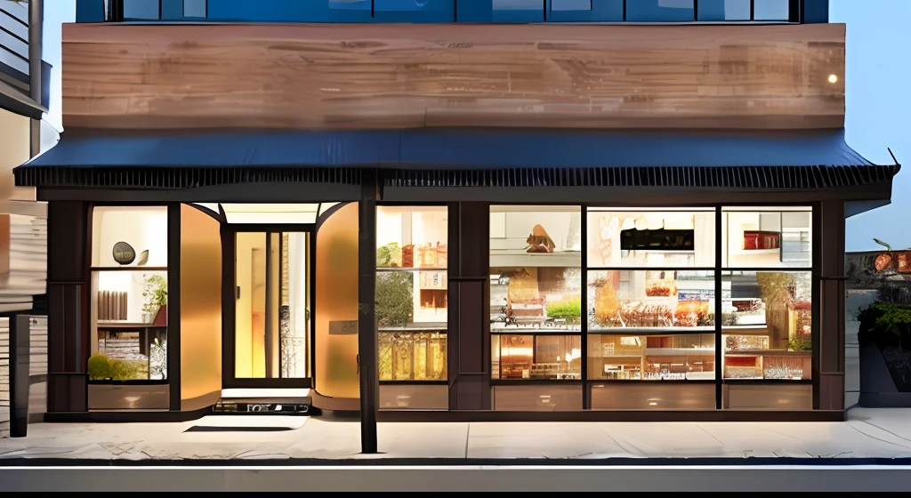 Facade image of a rectangular one-story coffee　shop with flat roof, one door, 6.2m wide x 2.3m high x 2.7m deep.