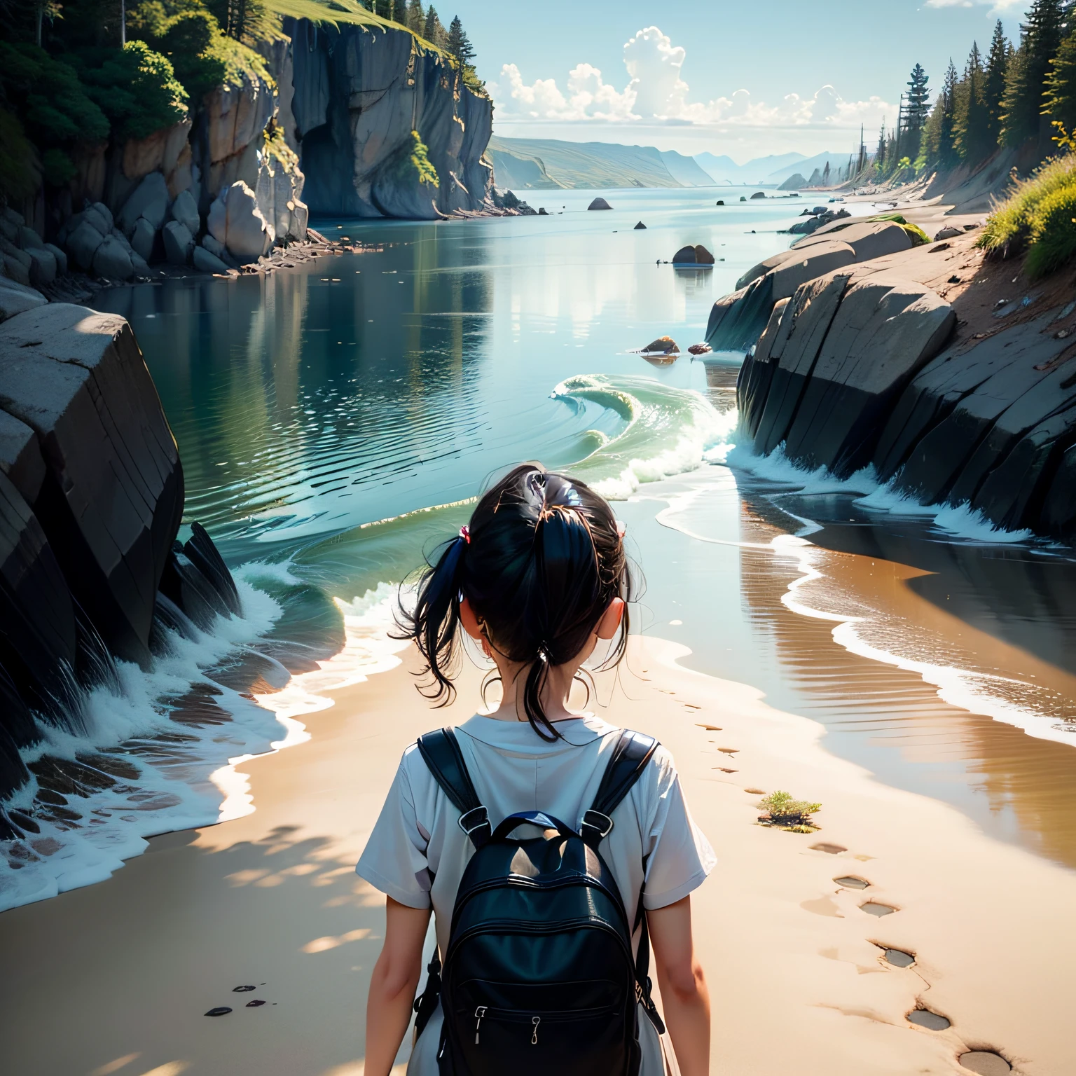 高画質、高解像度のCGイラスト、白Tシャツ、青ジーンズ、黒髪を後ろでくくった少女、Illustrate the moment when Momo discovers a weathered map by the seashore. The map reads, "The Path to the Magic Island." Depict her showing the map to her parents, as they decide to embark on an adventurous journey. --auto
