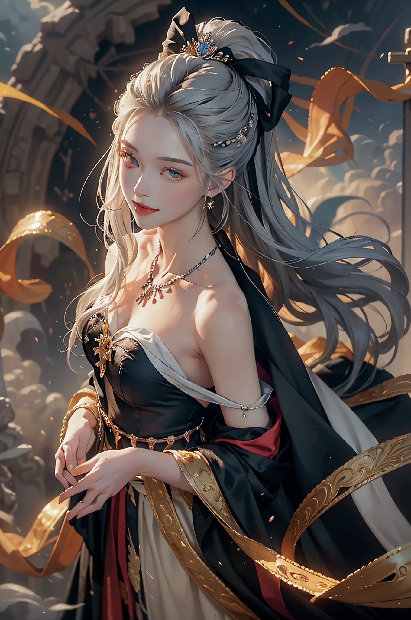 realistic, (masterpiece, top quality, best quality, official art, beautiful and aesthetic:1.2), very detailed, fractal art, colorful, most detailed, dynamic angle, (Wonderland on the clouds) 1girl, queen, silver hair, bright eyes, hair combed back, evil smile, amber eyes, Black robe, open cloth, from above