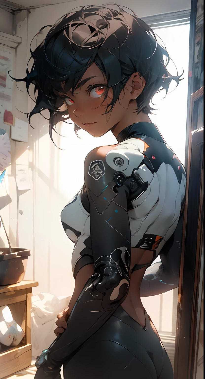 A Mysterious Woman 1.5, Realistic, Gods, Butterfly, Living Room, ((Glow Red Eyes 1.5))), Black and Blue Hair, Short Hair 1.5, Mysterious, (Magic), Perfect Figure, Tight Uniform, Dark Skin, Style Art Germ, Extremely Detailed Art Germ, IG Model, (Best Quality), Ultra Detailed, Ultra Realistic, Octane Renderer, High Dynamic Range, (HDR), 32K Resolution, Super Resolution, Megapixels, Tyndall Effect, Lens Glow, Shadows, backlight, depth of field, natural lighting, hard focus, film grain, mirror hologram, ray tracing, very detailed, fractal art, colorful, most detailed, zentangle, (abstract background: 1.5),