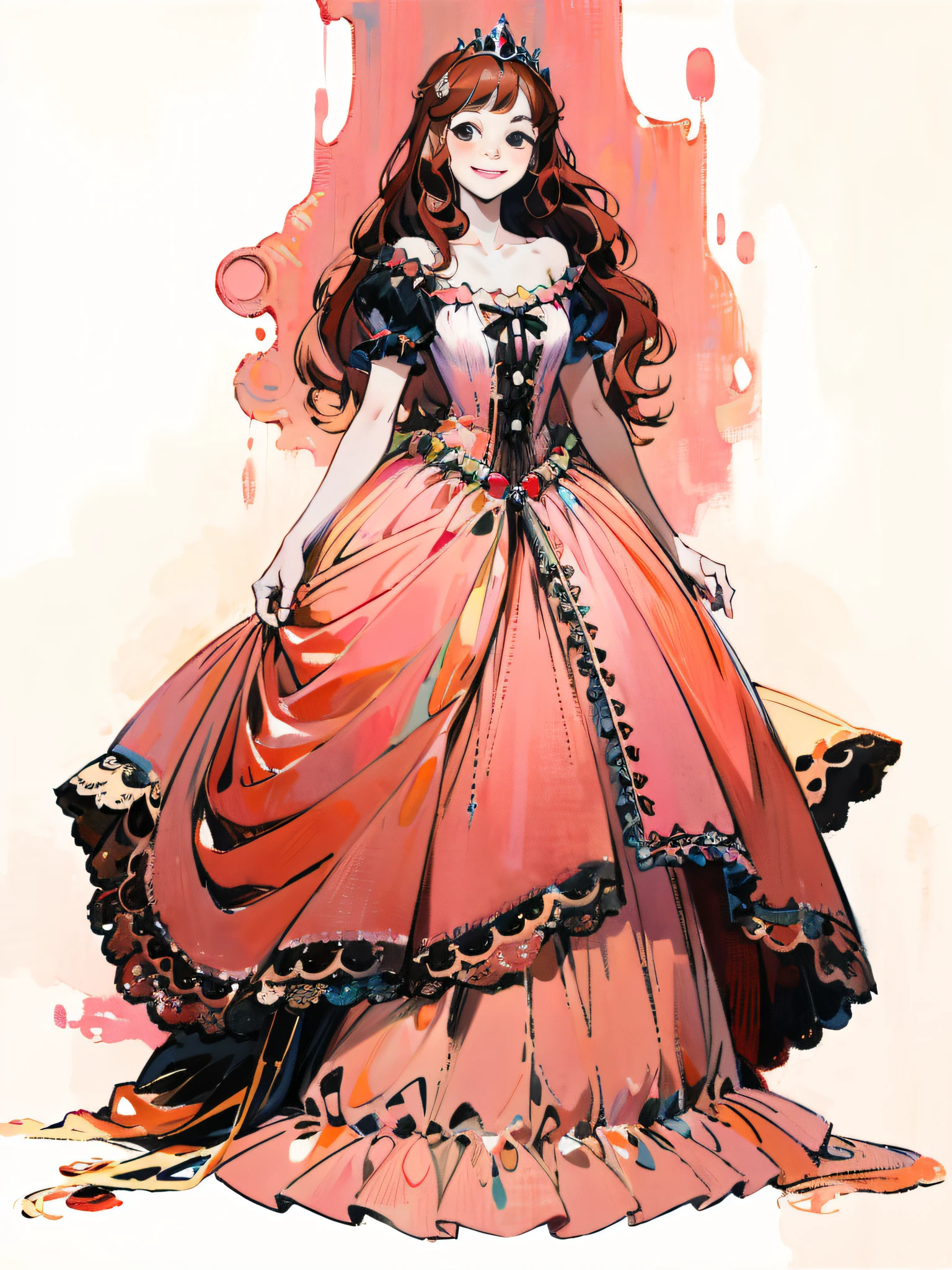 Fechin, oil painting, IMPRESSIONISM, simple background, a picture of a princess Krinorin dress, pale pink dress, brown hair, fair skin, black eyes, full body, long curly hair, smile, detail, masterpiece,