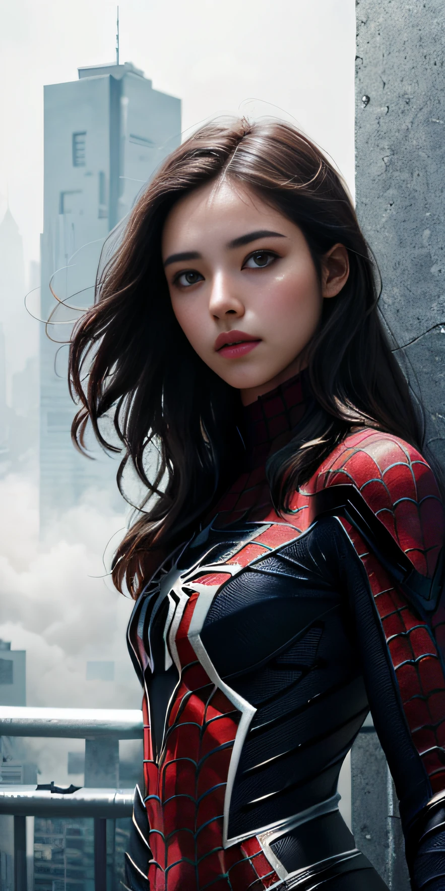 (1girl:1.3), solo, ((very detailed face)))), ((very detailed eyes and face)))), beautiful detail eyes, body parts__, official art, unified 8k wallpaper, super detailed, beautiful and beautiful, beautiful, masterpiece, best quality, original, masterpiece, super fine photo, best quality, super high resolution, realistic realism, sunlight, full body portrait, amazing beauty, dynamic pose, delicate face, vibrant eyes, (from the front), She wears Spider-Man suit, red and black color scheme, spider, very detailed city roof background, rooftop, overlooking the city, detailed face, detailed complex busy background, messy, gorgeous, milky white, highly detailed skin, realistic skin details, visible pores, clear focus, volumetric fog, 8k uhd, DSLR camera, high quality, film grain, fair skin, photo realism, lomography, futuristic dystopian metropolis, translucent, Full (large chest proportions) fingers are normal, no clothes on the body