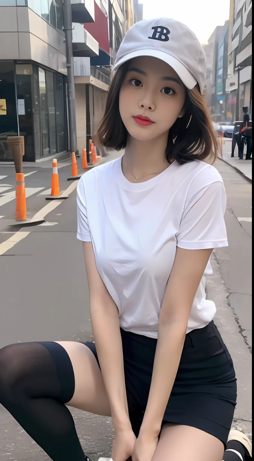 ((Best Quality, 8K, Masterpiece: 1.3)), (Navy Cap: 1.3), Focus: 1.2, Aerobics Beauty: 1.4, Buttocks: 1.2, (Layered Haircut: 1.2)), (Dark Street: 1.3), Highly detailed facial and skin texture, Detailed eyes, Double eyelids, ((Realistic lighting, Best quality, 8K, Masterpiece: 1.3)), Focus: 1.2, 1 Girl, Perfect Shape Korea: 1.4, Slim Abs: 1.1, ((Blonde)), (White T-shirt: 1.4), (Outdoor, Night: 1.1), City Street, Ultra-thin Face, Thin Eyes, Double Eyelids, Miniskirt, (Black Socks on the Knee: 1.5)