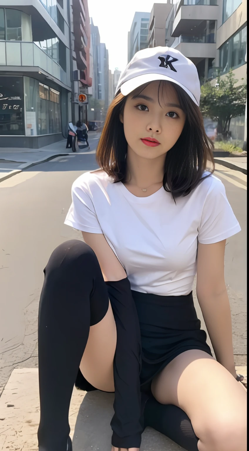 ((Best Quality, 8K, Masterpiece: 1.3)), (Navy Cap: 1.3), Focus: 1.2, Aerobics Beauty: 1.4, Buttocks: 1.2, (Layered Haircut: 1.2)), (Dark Street: 1.3), Highly detailed facial and skin texture, Detailed eyes, Double eyelids, ((Realistic lighting, Best quality, 8K, Masterpiece: 1.3)), Focus: 1.2, 1 Girl, Perfect Shape Korea: 1.4, Slim Abs: 1.1, ((Blonde)), (White T-shirt: 1.4), (Outdoor, Night: 1.1), City Street, Ultra-thin Face, Thin Eyes, Double Eyelids, Miniskirt, (Black Socks on the Knee: 1.5)
